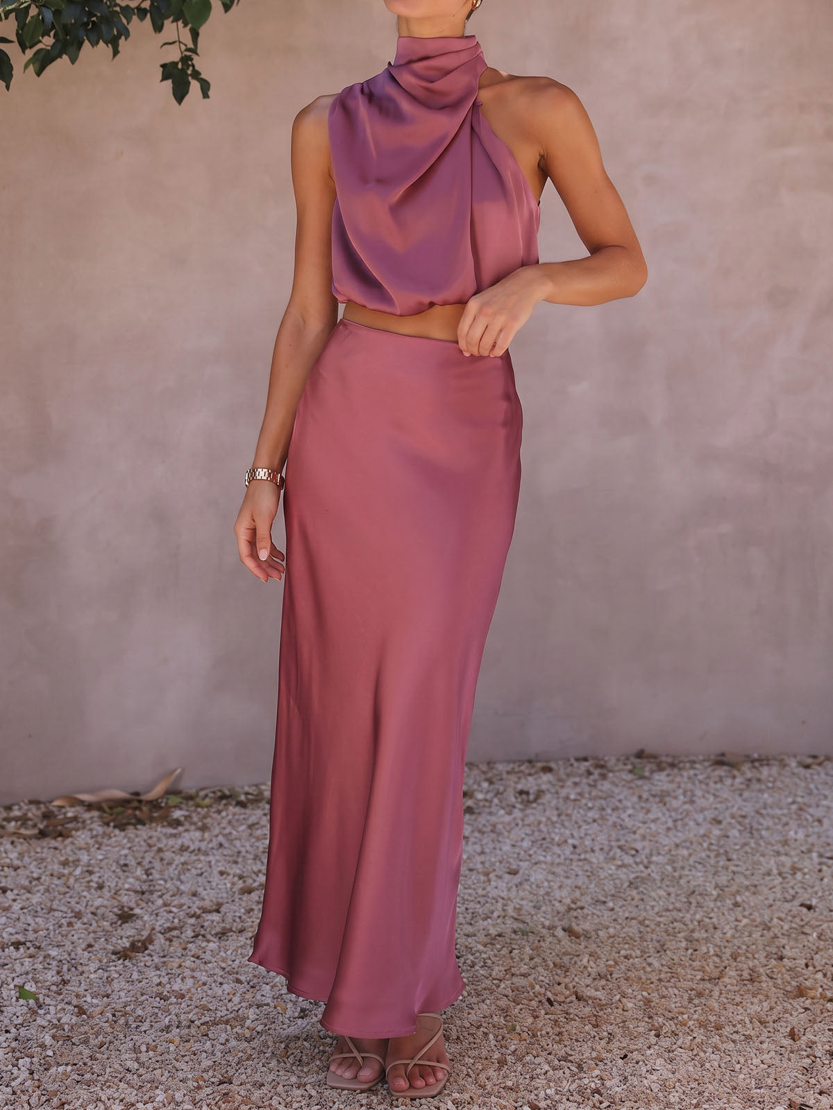 Asymmetric Bubble Tank Top Silky Satin Resort Two Piece Midi Skirt Set