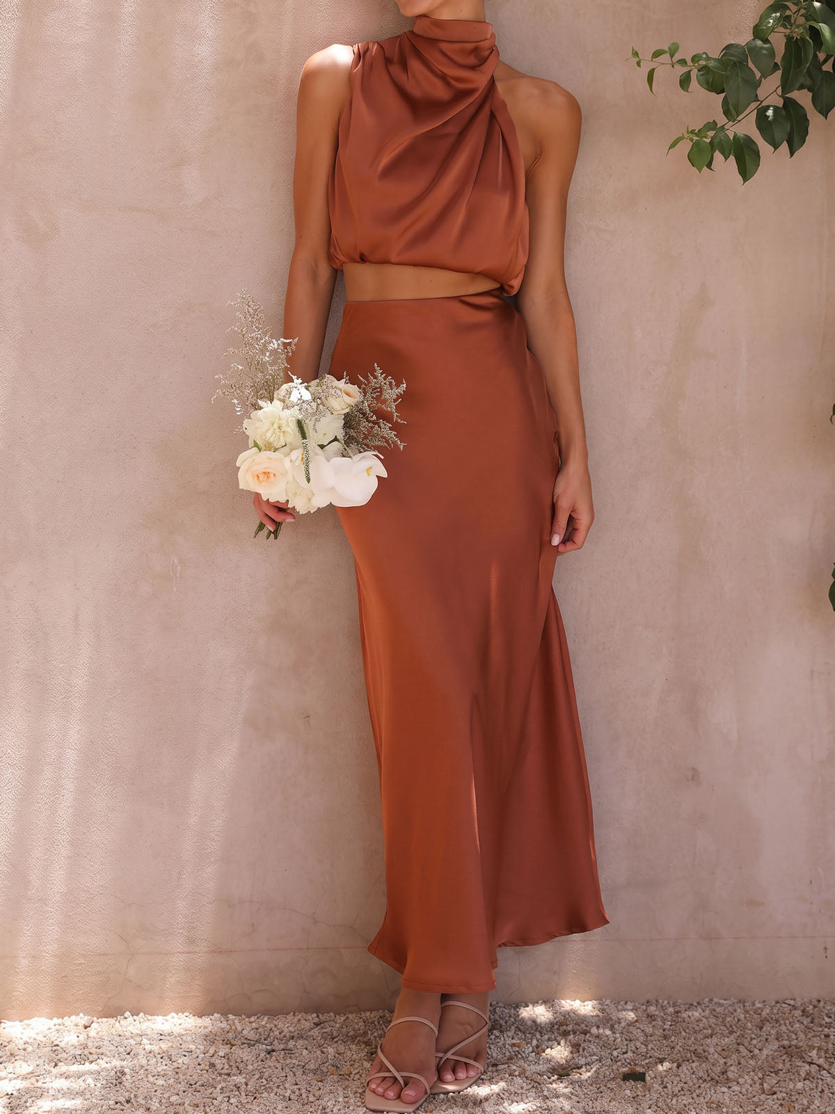 Asymmetric Bubble Tank Top Silky Satin Resort Two Piece Midi Skirt Set