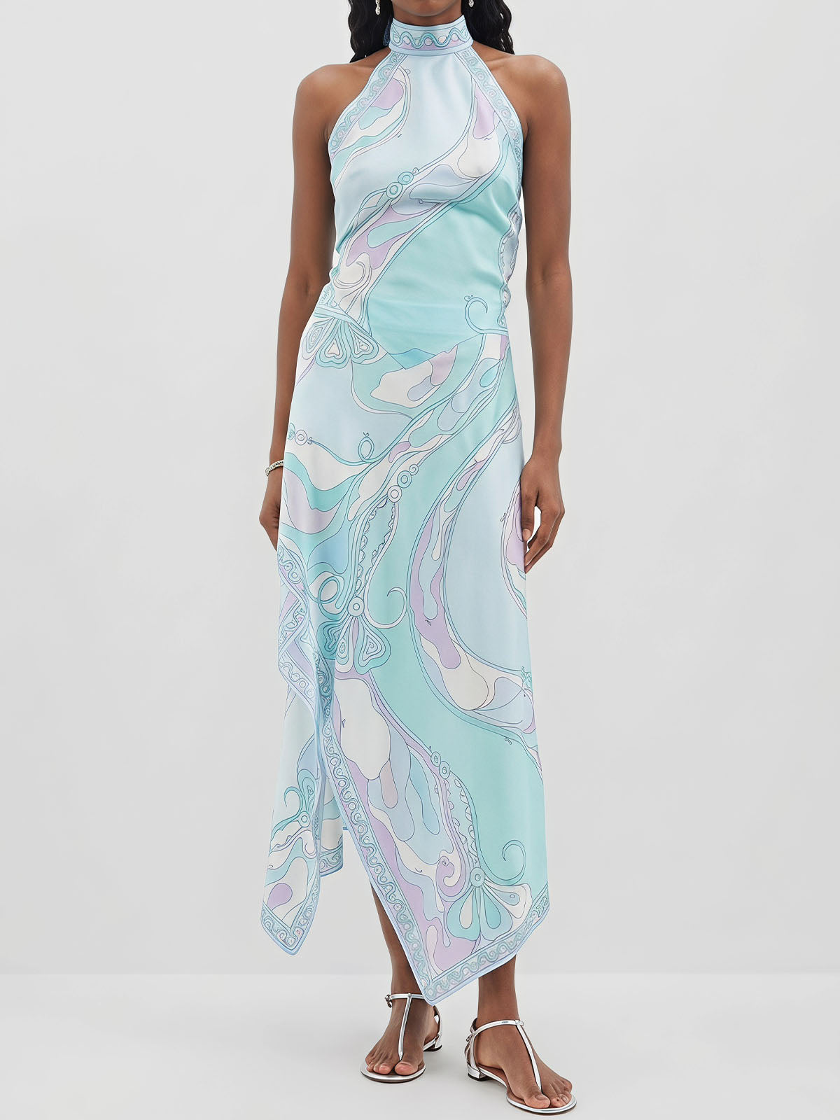 Asymmetric Print Satin Scarf Halter Top Resort Two Piece Midi Skirt Set