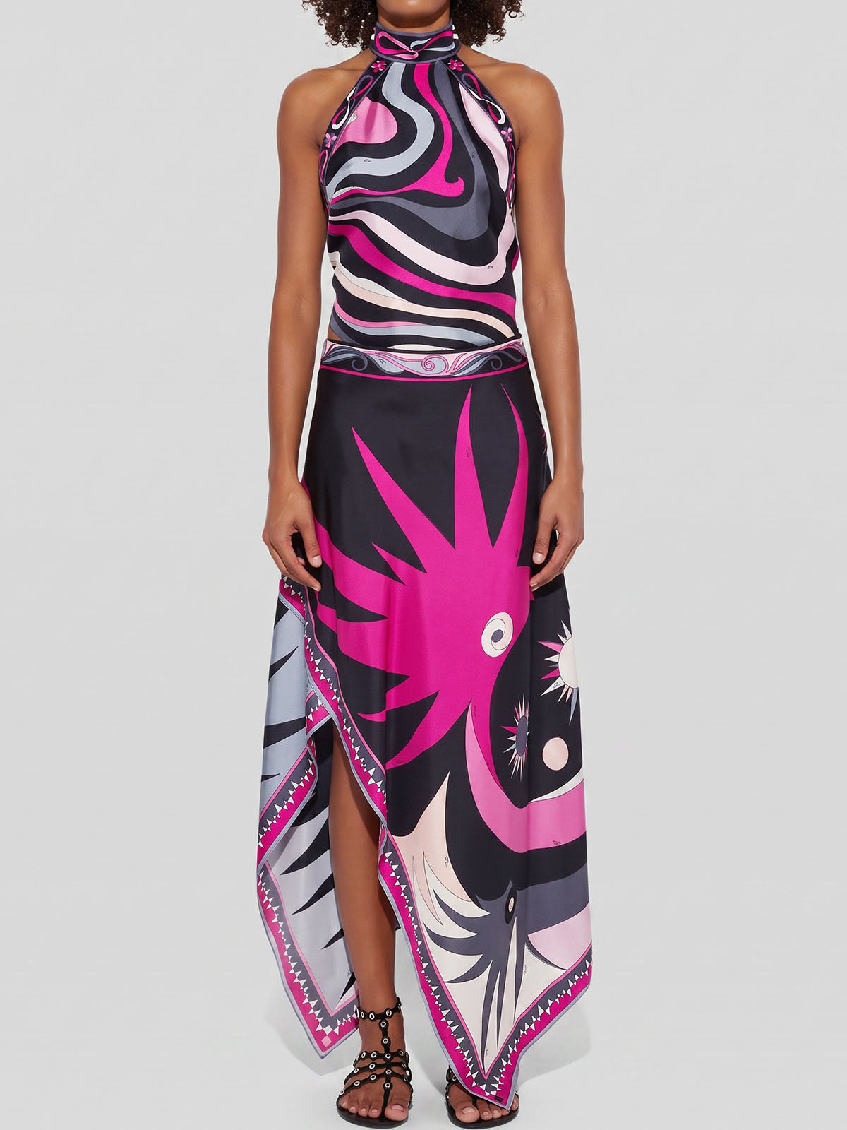 Asymmetric Print Satin Scarf Halter Top Resort Two Piece Midi Skirt Set