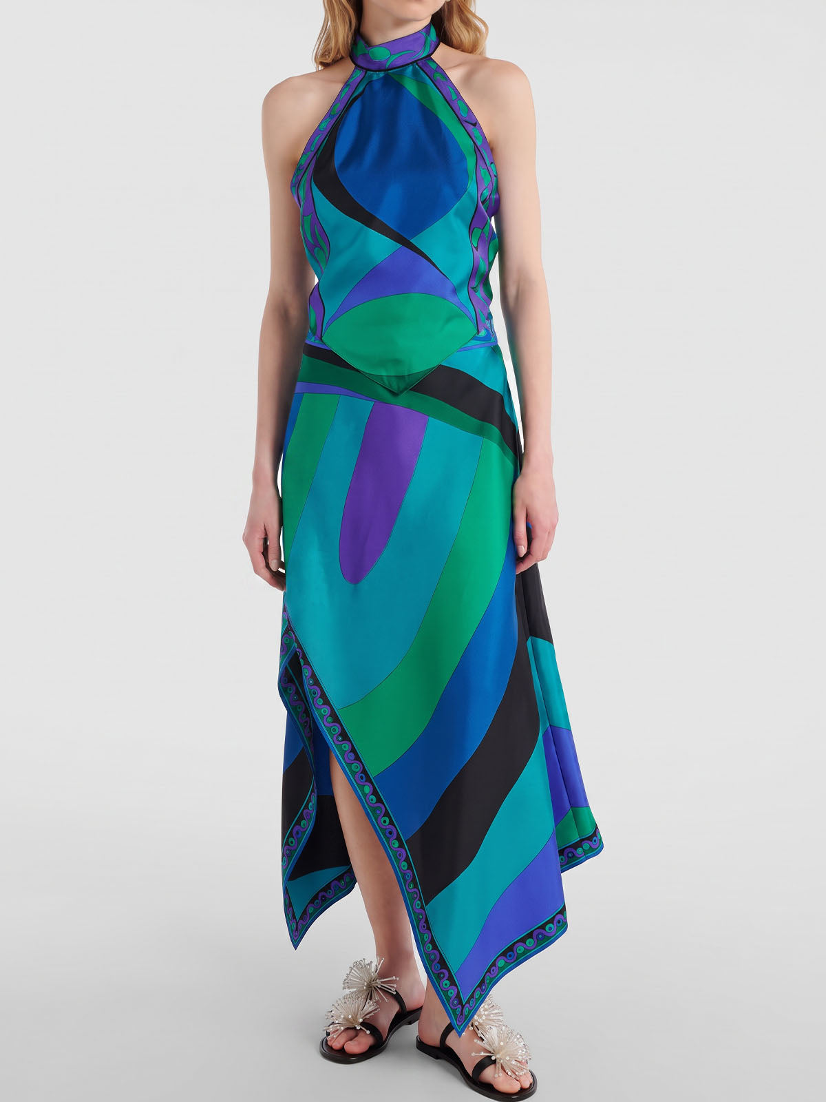 Asymmetric Print Satin Scarf Halter Top Resort Two Piece Midi Skirt Set