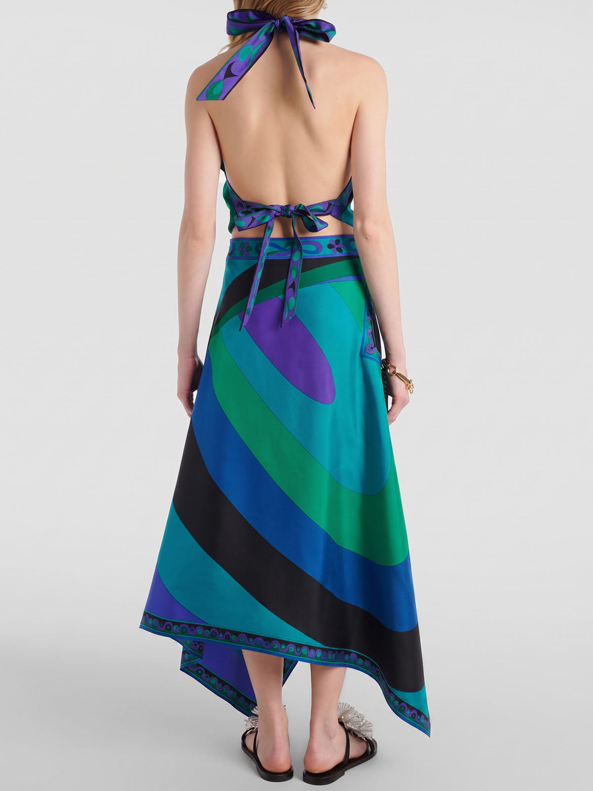 Asymmetric Print Satin Scarf Halter Top Resort Two Piece Midi Skirt Set