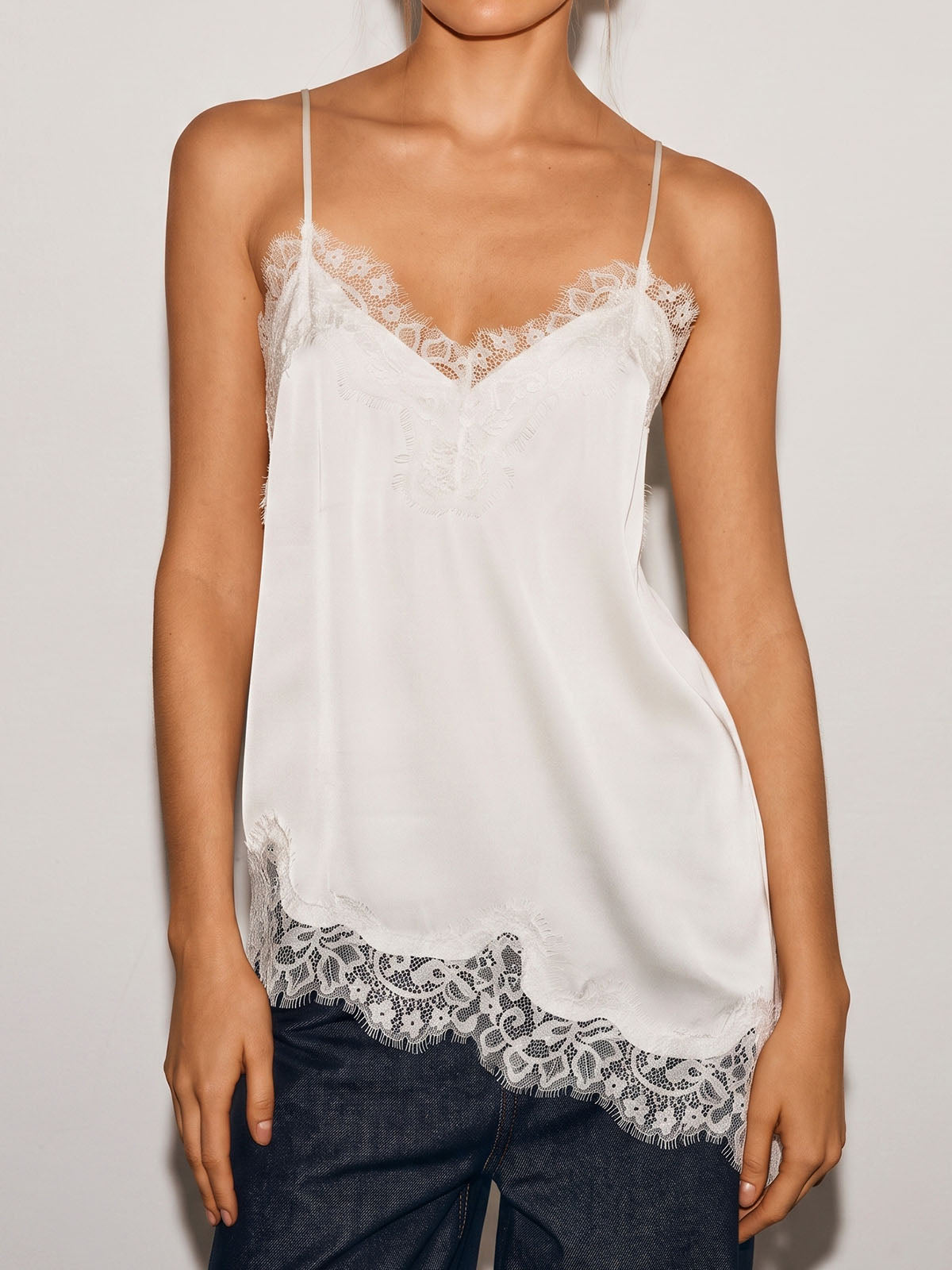 Asymmetrical Lace Trim V Neck Spaghetti Strap Resort Cami Satin Top