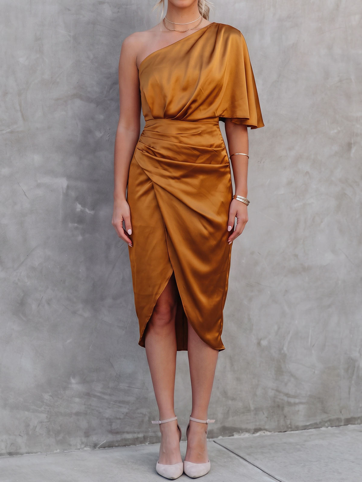 Asymmetrical One Shoulder Ruched Trim Resort Satin Midi Dress