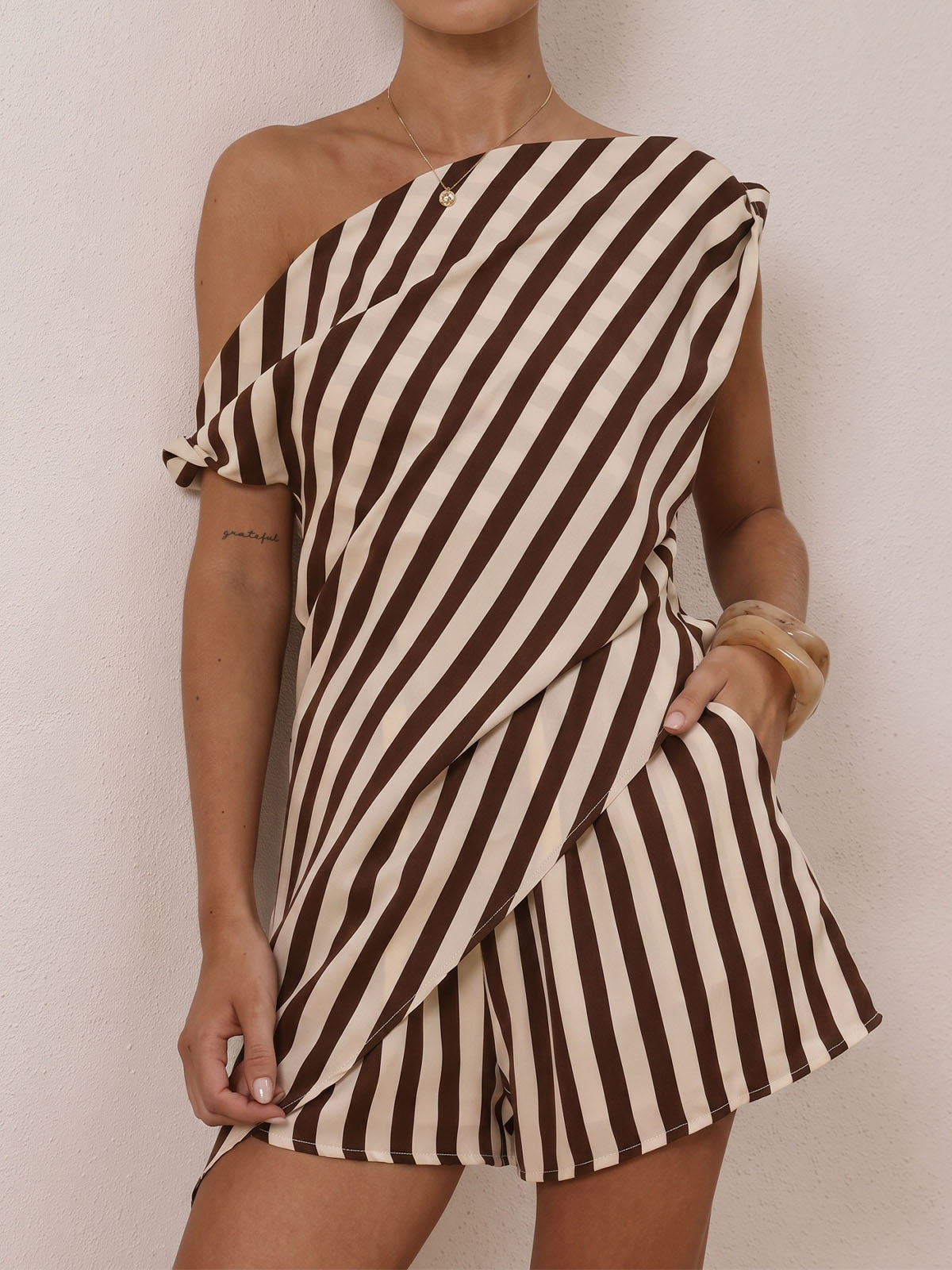 Asymmetrical One Shoulder Top Resort Printed Two Piece Mini Short Set