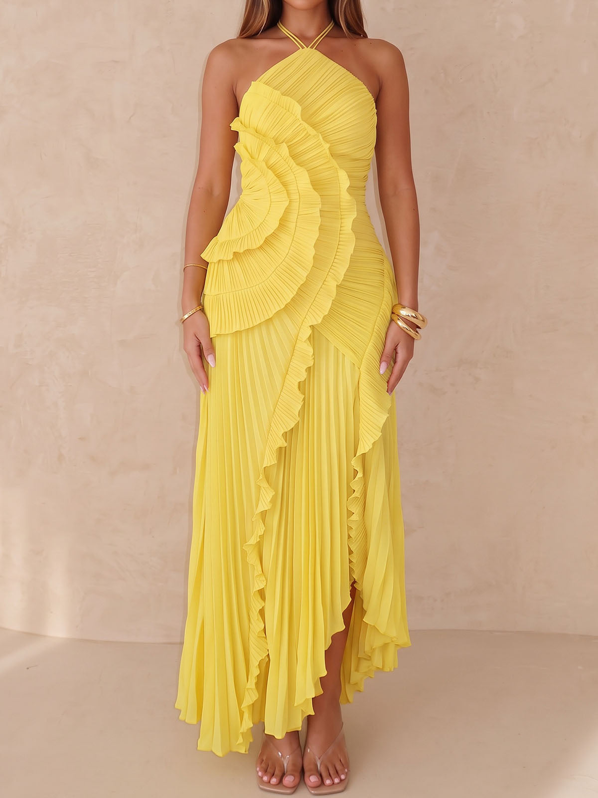 Asymmetrical Ruffle High Neck Resort Chiffon Pleated Midi Dress