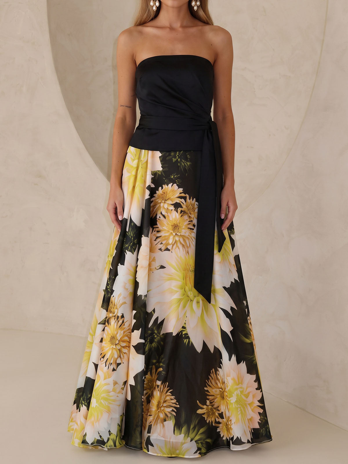 Asymmetrical Sash Strapless Top Resort Two Piece Floral Maxi Skirt Set