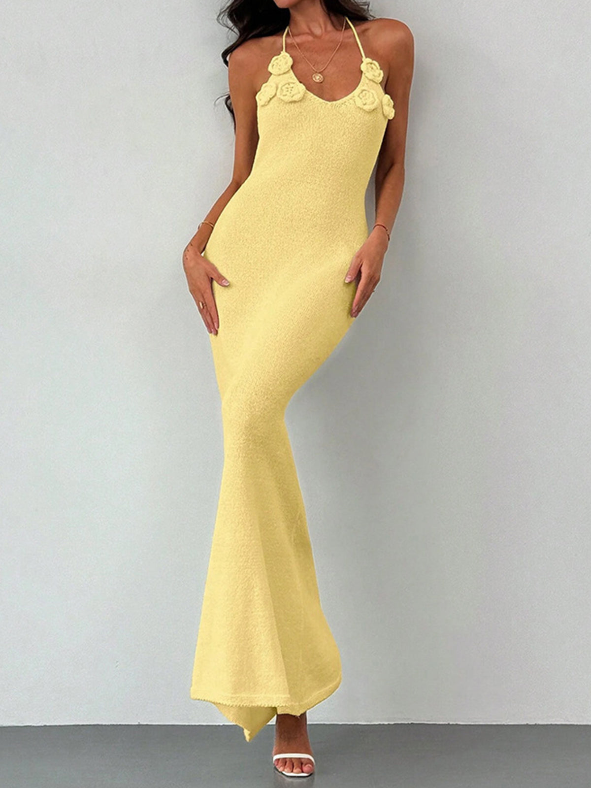 Bloom 3D Flower Deep V Halter Backless Resort Fishtail Knit Maxi Dress