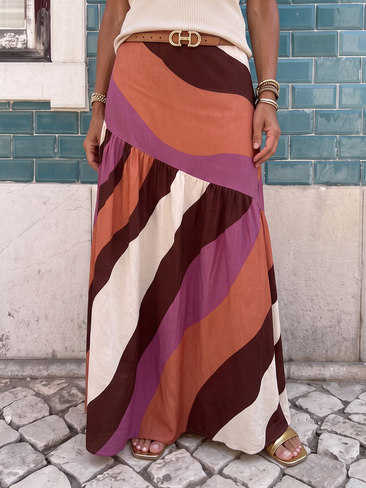Bohemian Stripe High Waist Asymmetrical Resort A Line Maxi Skirt
