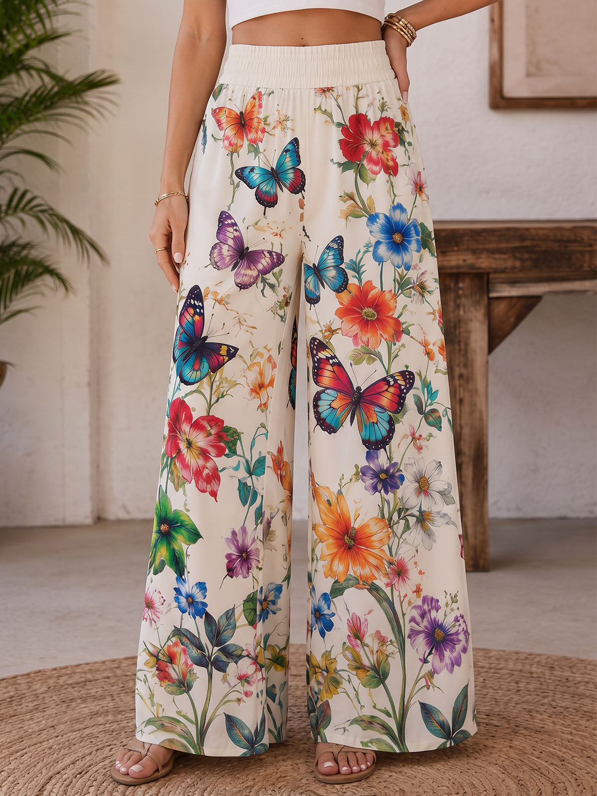 Boho Butterfly Floral Print High Waist Wide Leg Resort Palazzo Pants