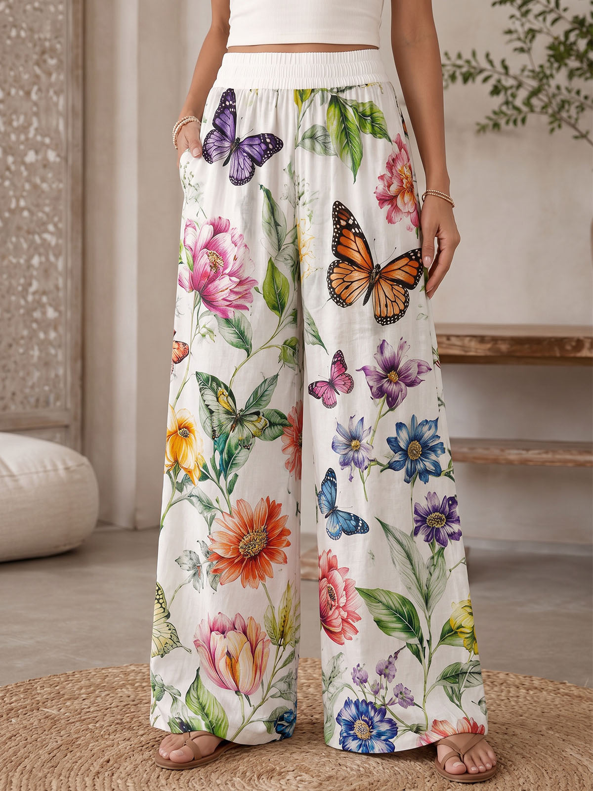 Boho Butterfly Floral Print High Waist Wide Leg Resort Palazzo Pants