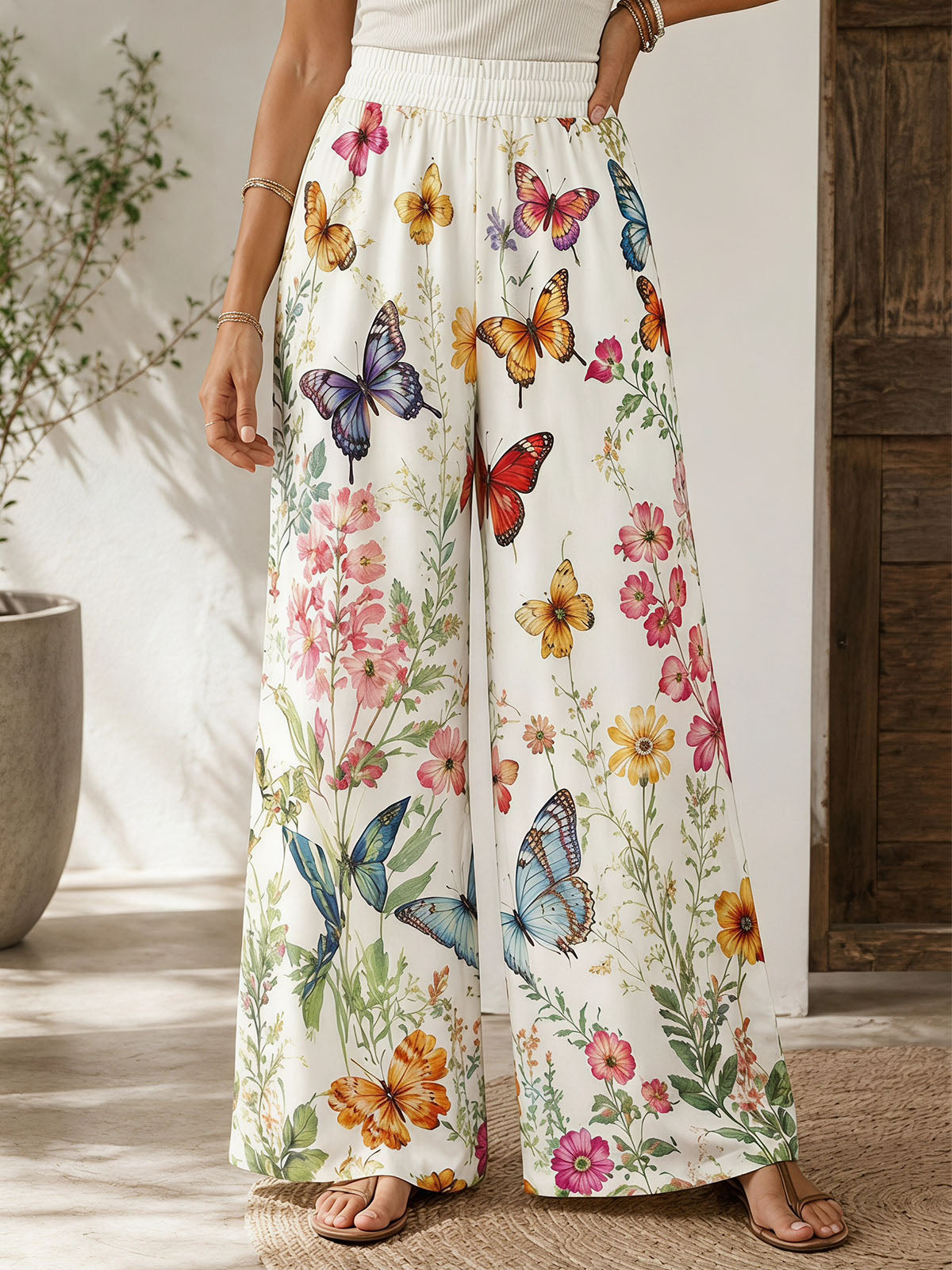Boho Butterfly Floral Print High Waist Wide Leg Resort Palazzo Pants