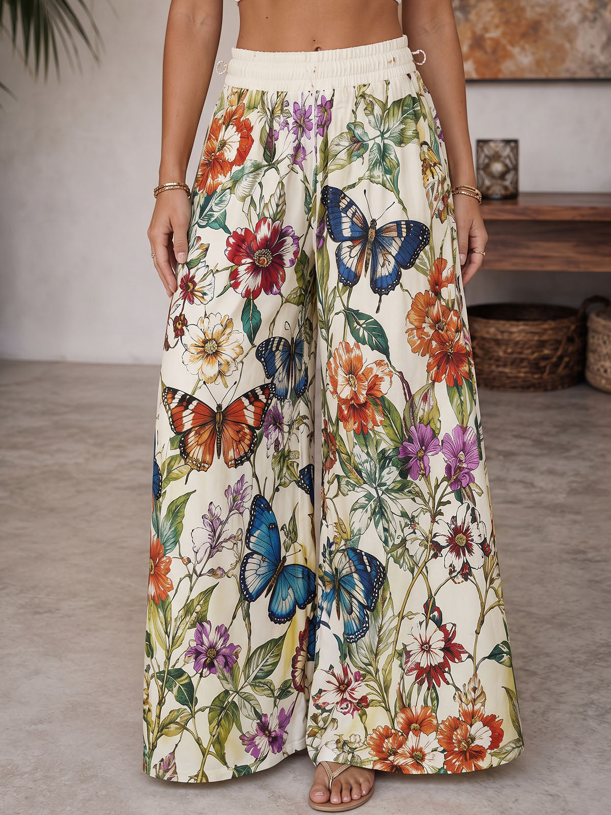 Boho Butterfly Floral Print High Waist Wide Leg Resort Palazzo Pants