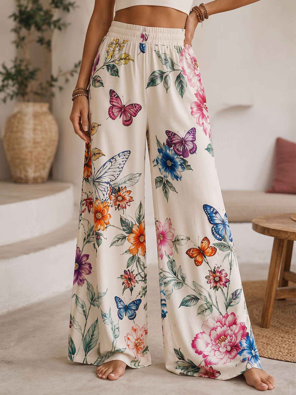 Boho Butterfly Floral Print High Waist Wide Leg Resort Palazzo Pants