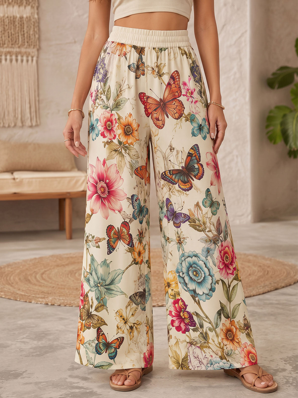 Boho Butterfly Floral Print High Waist Wide Leg Resort Palazzo Pants
