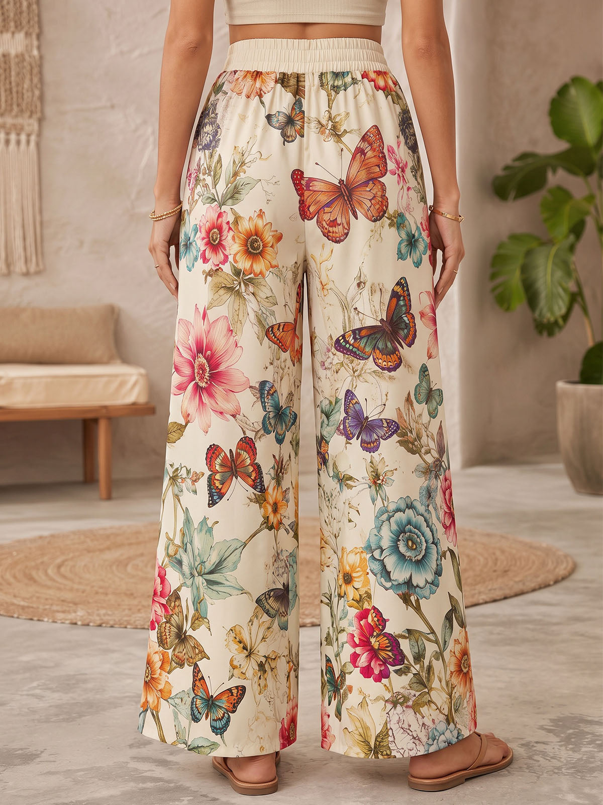 Boho Butterfly Floral Print High Waist Wide Leg Resort Palazzo Pants