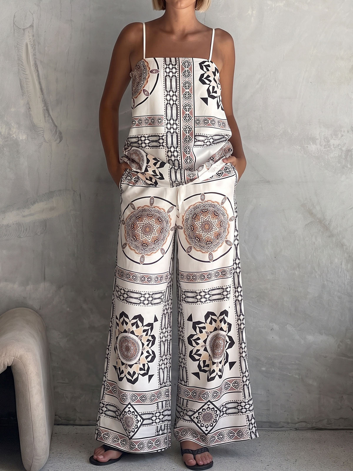 Boho Chic Floral Print Longline Cami Tank Top Resort Wide Leg Pant Set