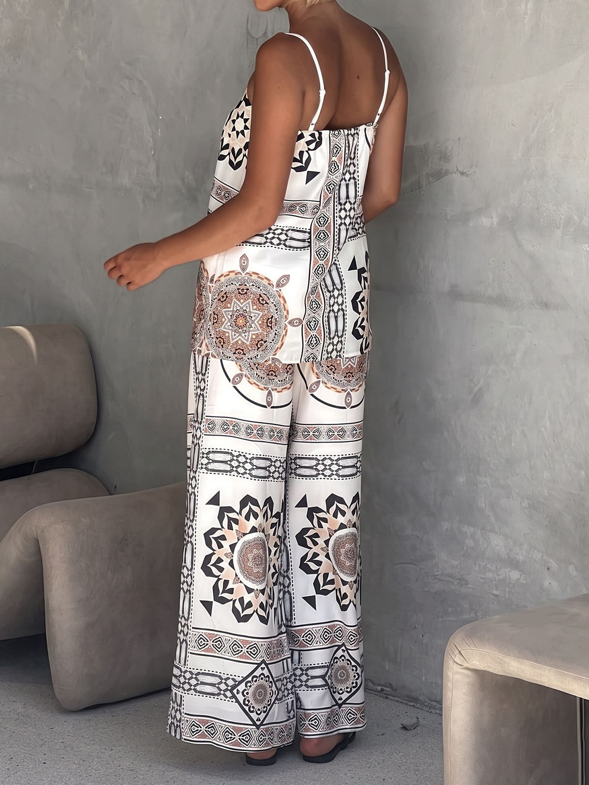 Boho Chic Floral Print Longline Cami Tank Top Resort Wide Leg Pant Set