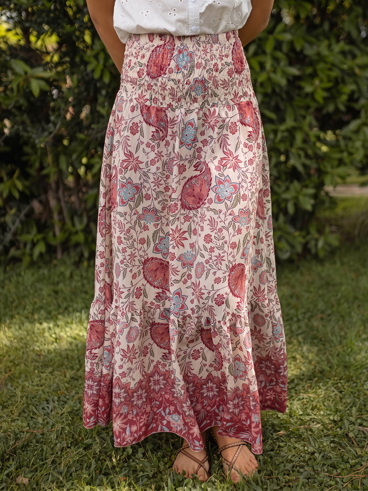 Boho Chic Paisley Floral Print Smocked High Waist Resort Maxi Skirt