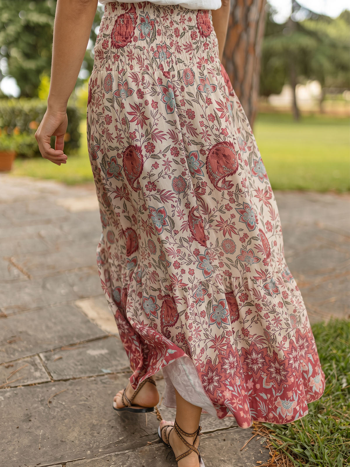 Boho Chic Paisley Floral Print Smocked High Waist Resort Maxi Skirt
