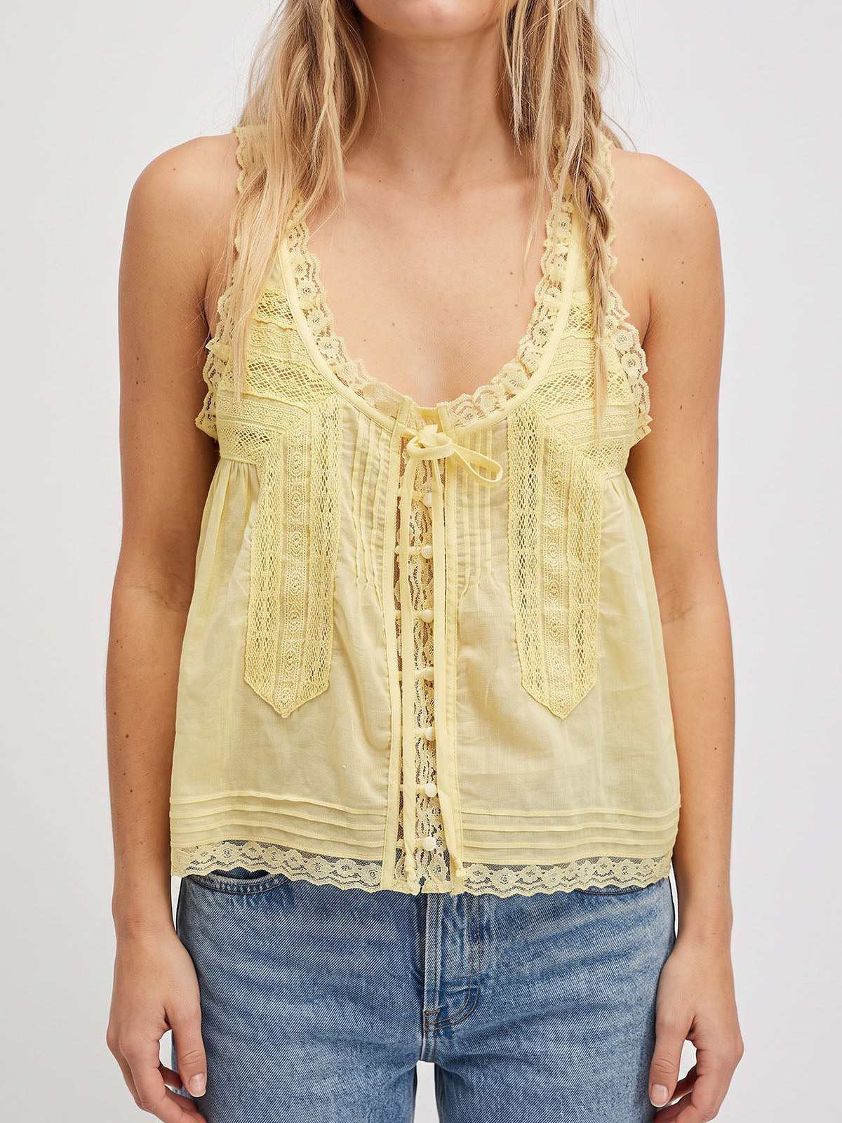 Boho Chic Ruffled Tie Front Button Up Resort Lace Trim Crop Tank Top