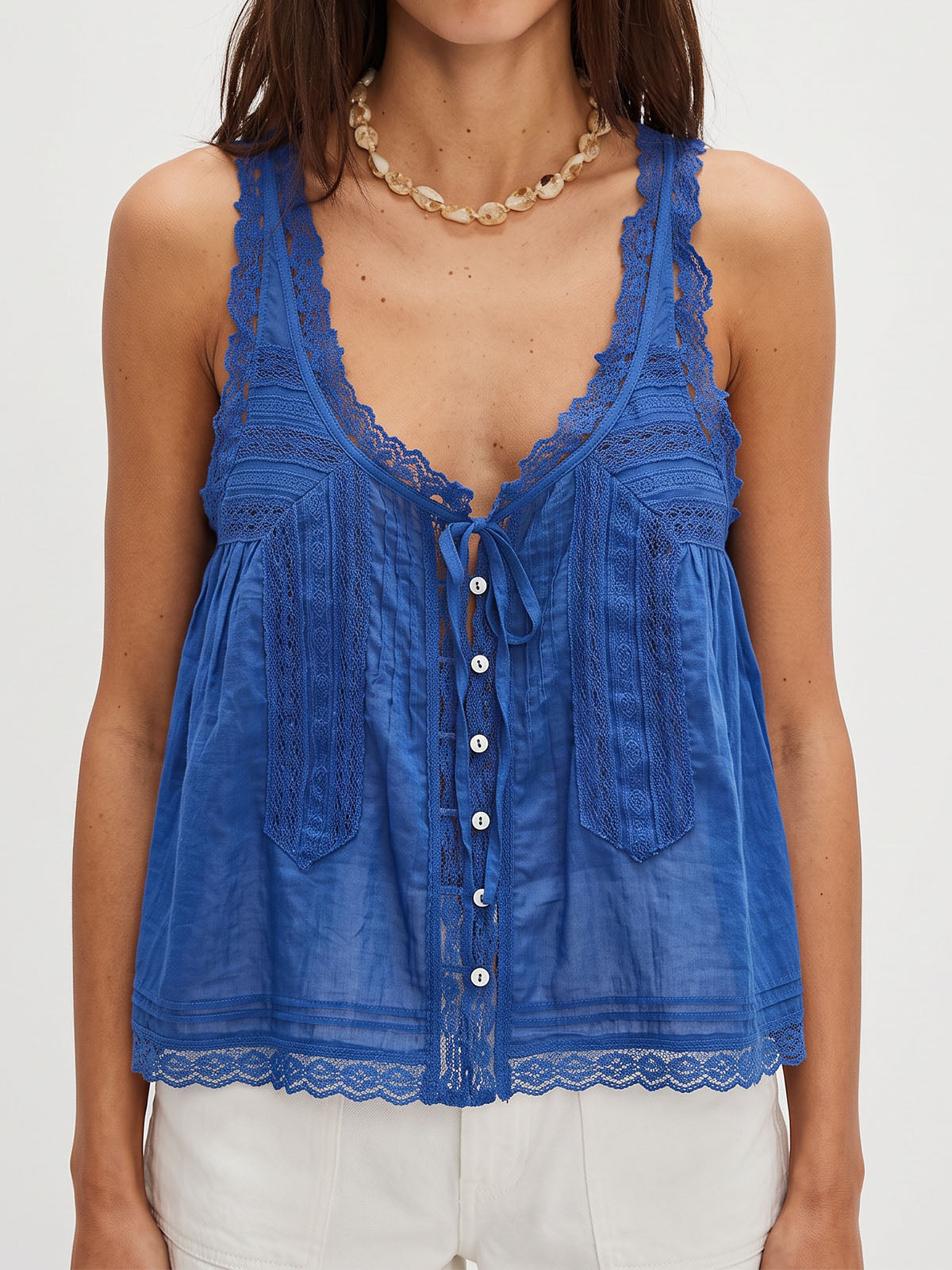 Boho Chic Ruffled Tie Front Button Up Resort Lace Trim Crop Tank Top