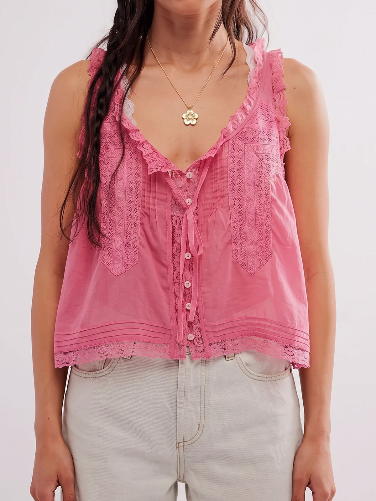 Boho Chic Ruffled Tie Front Button Up Resort Lace Trim Crop Tank Top