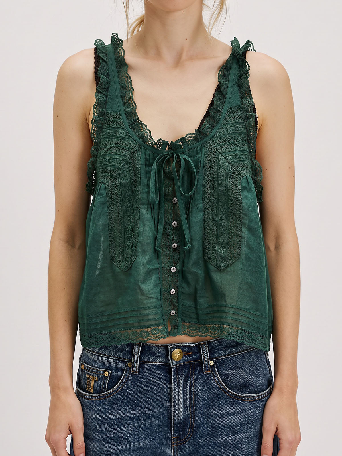 Boho Chic Ruffled Tie Front Button Up Resort Lace Trim Crop Tank Top