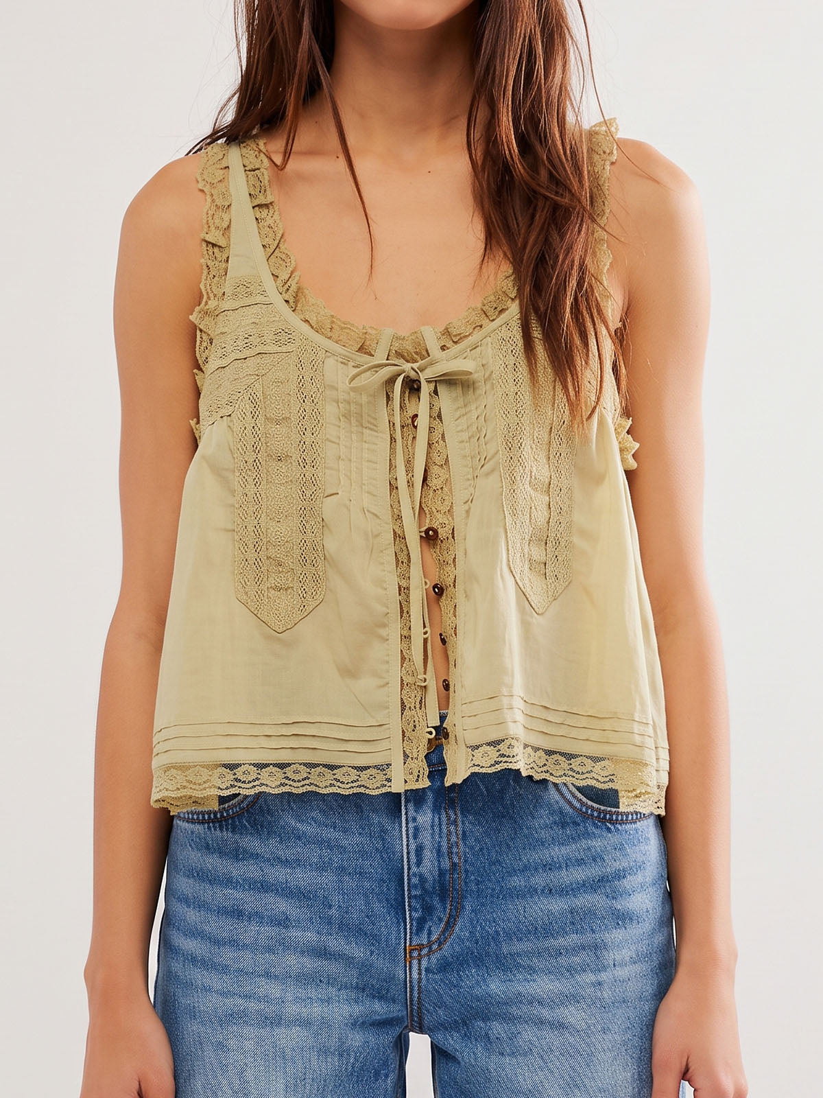 Boho Chic Ruffled Tie Front Button Up Resort Lace Trim Crop Tank Top