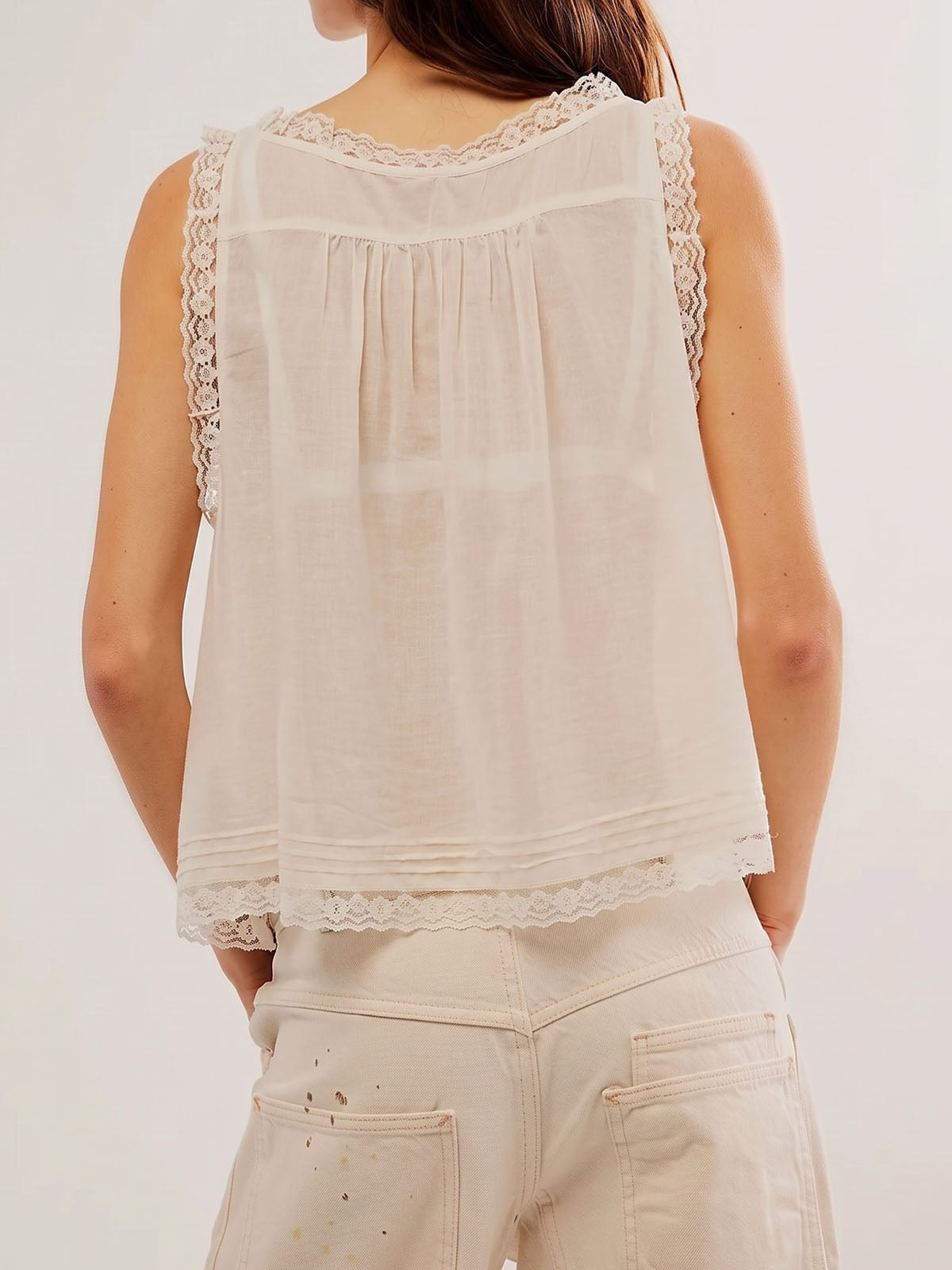 Boho Chic Ruffled Tie Front Button Up Resort Lace Trim Crop Tank Top