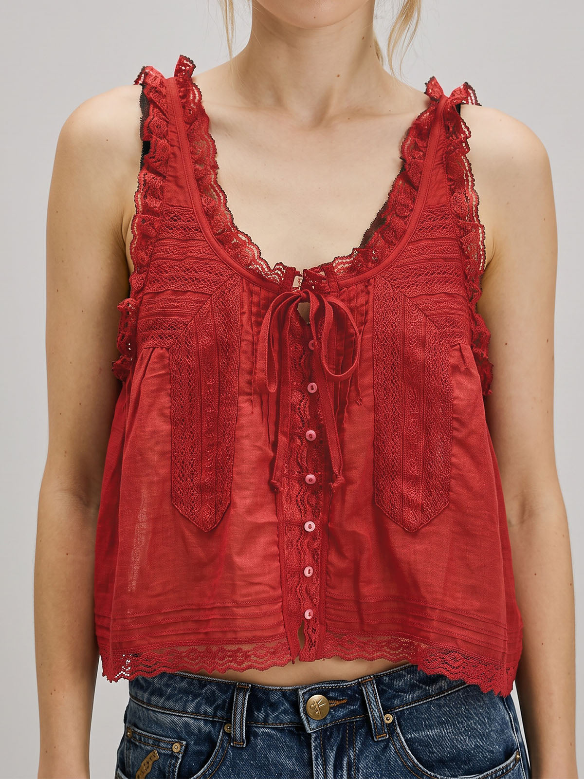 Boho Chic Ruffled Tie Front Button Up Resort Lace Trim Crop Tank Top