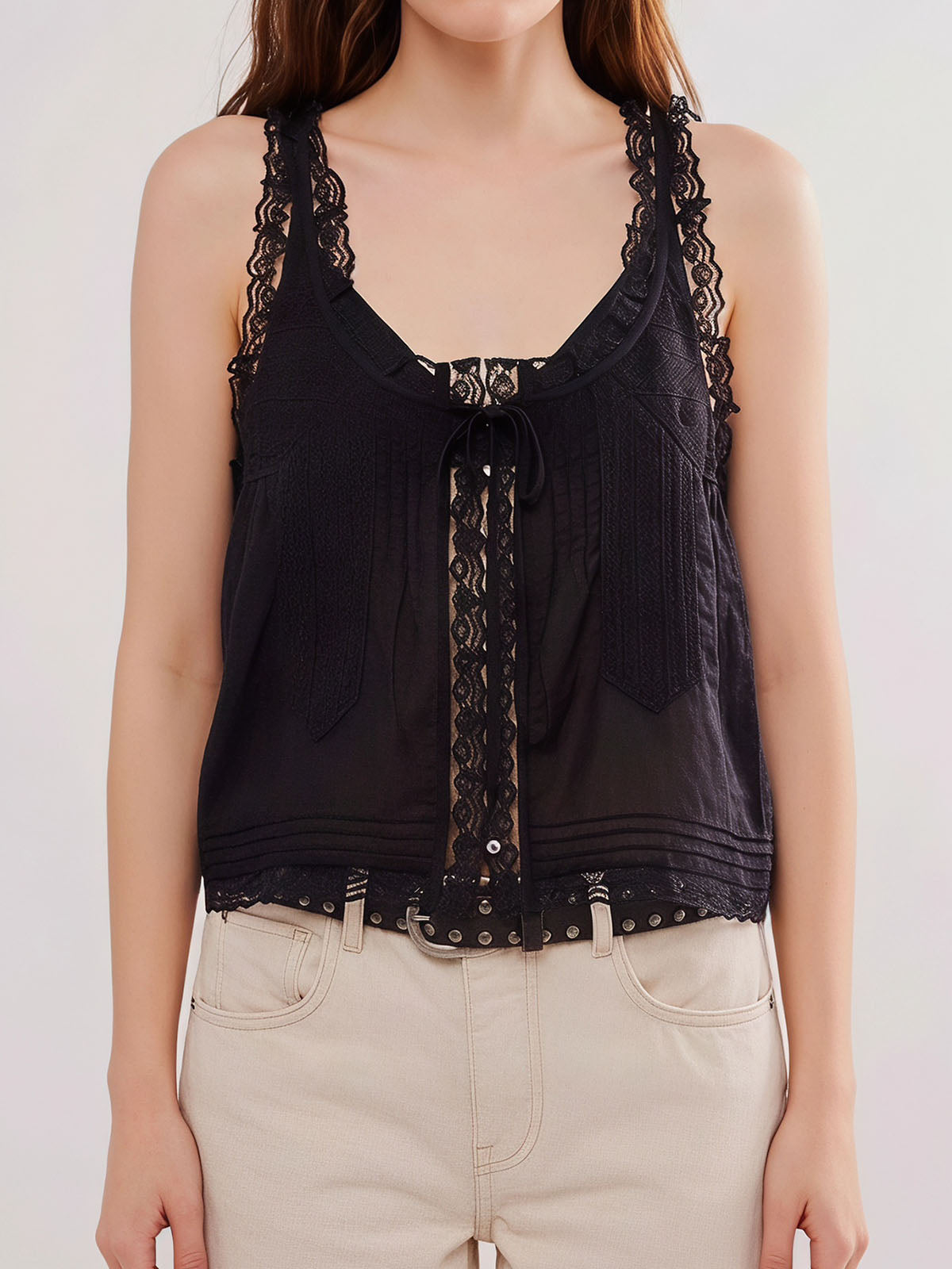 Boho Chic Ruffled Tie Front Button Up Resort Lace Trim Crop Tank Top