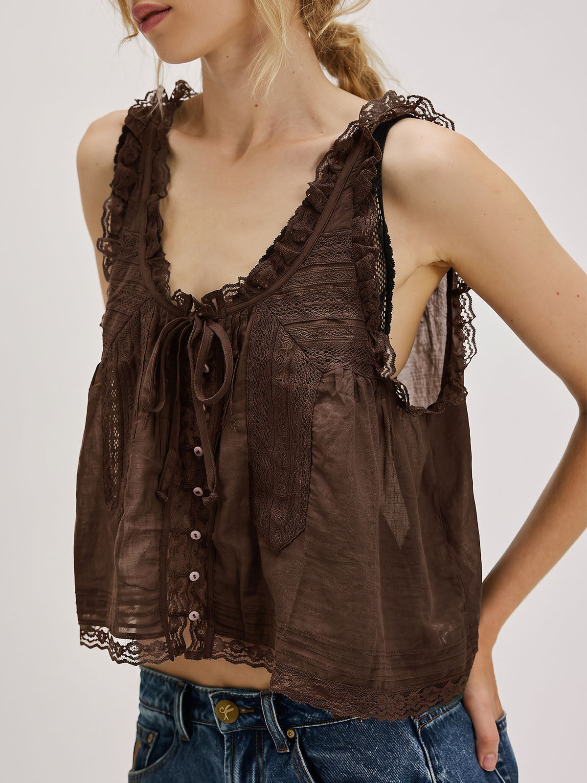 Boho Chic Ruffled Tie Front Button Up Resort Lace Trim Crop Tank Top