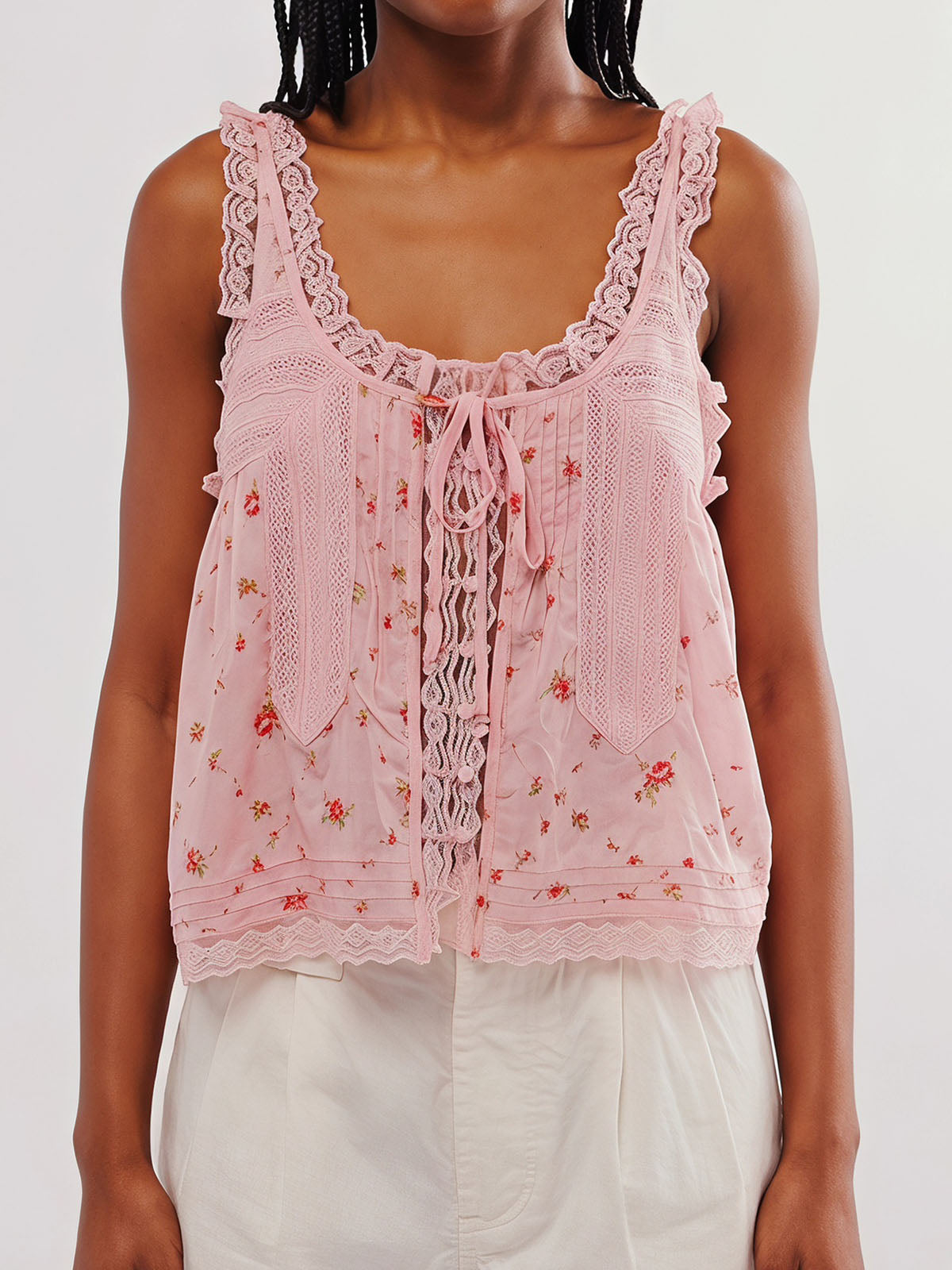 Boho Chic Ruffled Tie Front Button Up Resort Lace Trim Crop Tank Top