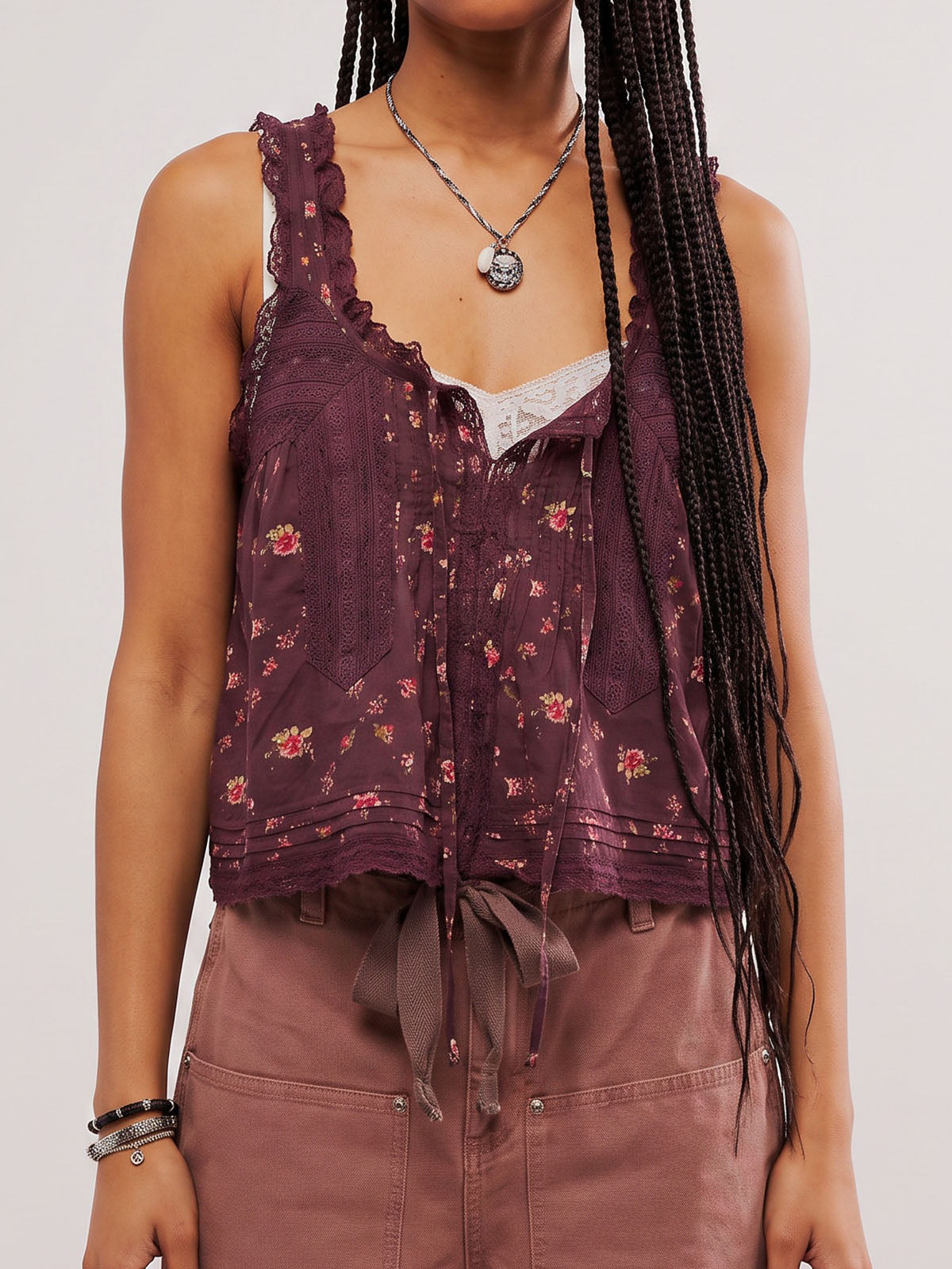 Boho Chic Ruffled Tie Front Button Up Resort Lace Trim Crop Tank Top