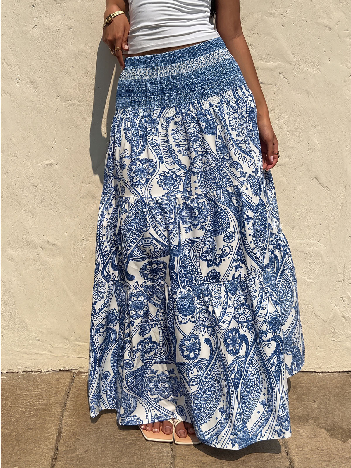 Boho Chic Smocked Drop Waist Resort Paisley Floral Tiered Maxi Skirt
