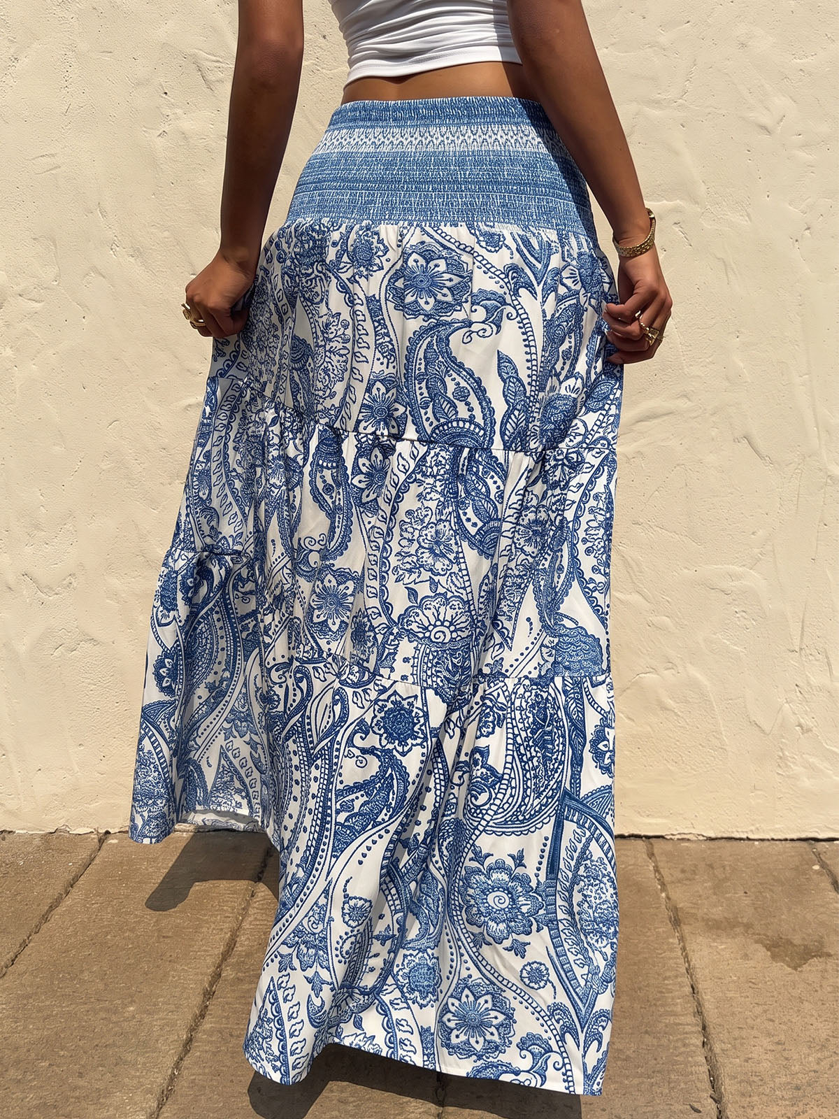 Boho Chic Smocked Drop Waist Resort Paisley Floral Tiered Maxi Skirt
