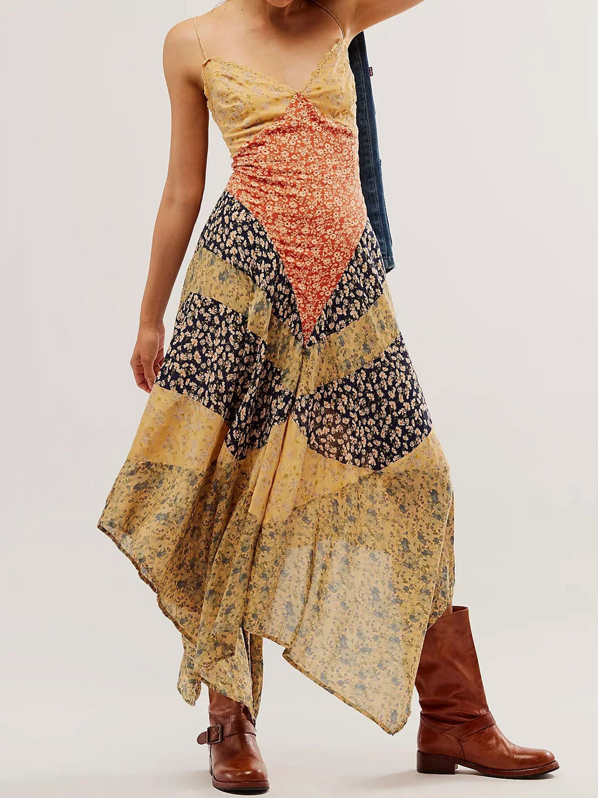 Boho Chic V Neck Tie Back Resort Floral Patchwork Slip Maxi Dress