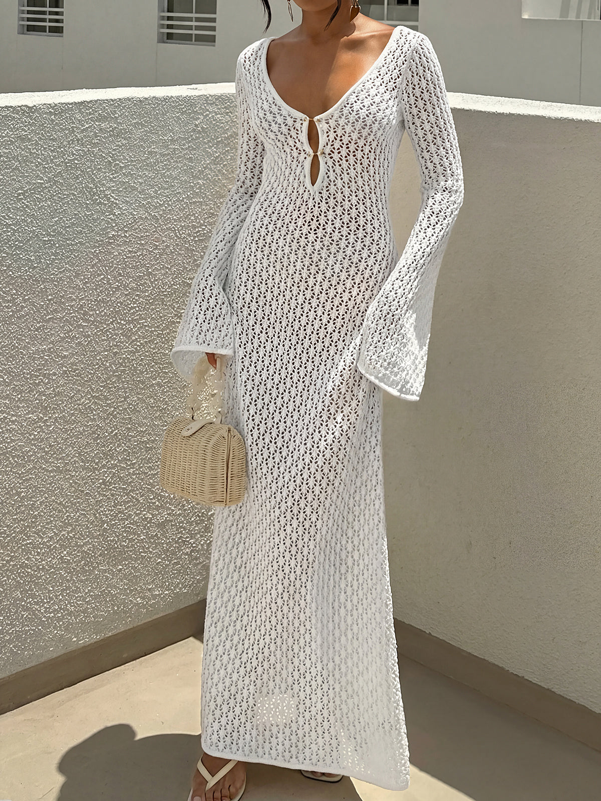 Boho Deep V Long Sleeve Beach Crochet Knit Cover Up Maxi Dress