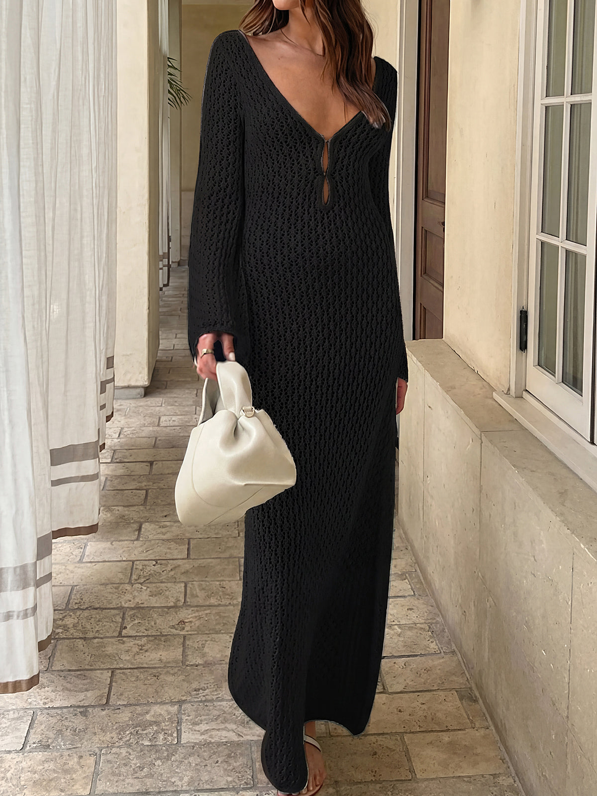 Boho Deep V Long Sleeve Beach Crochet Knit Cover Up Maxi Dress