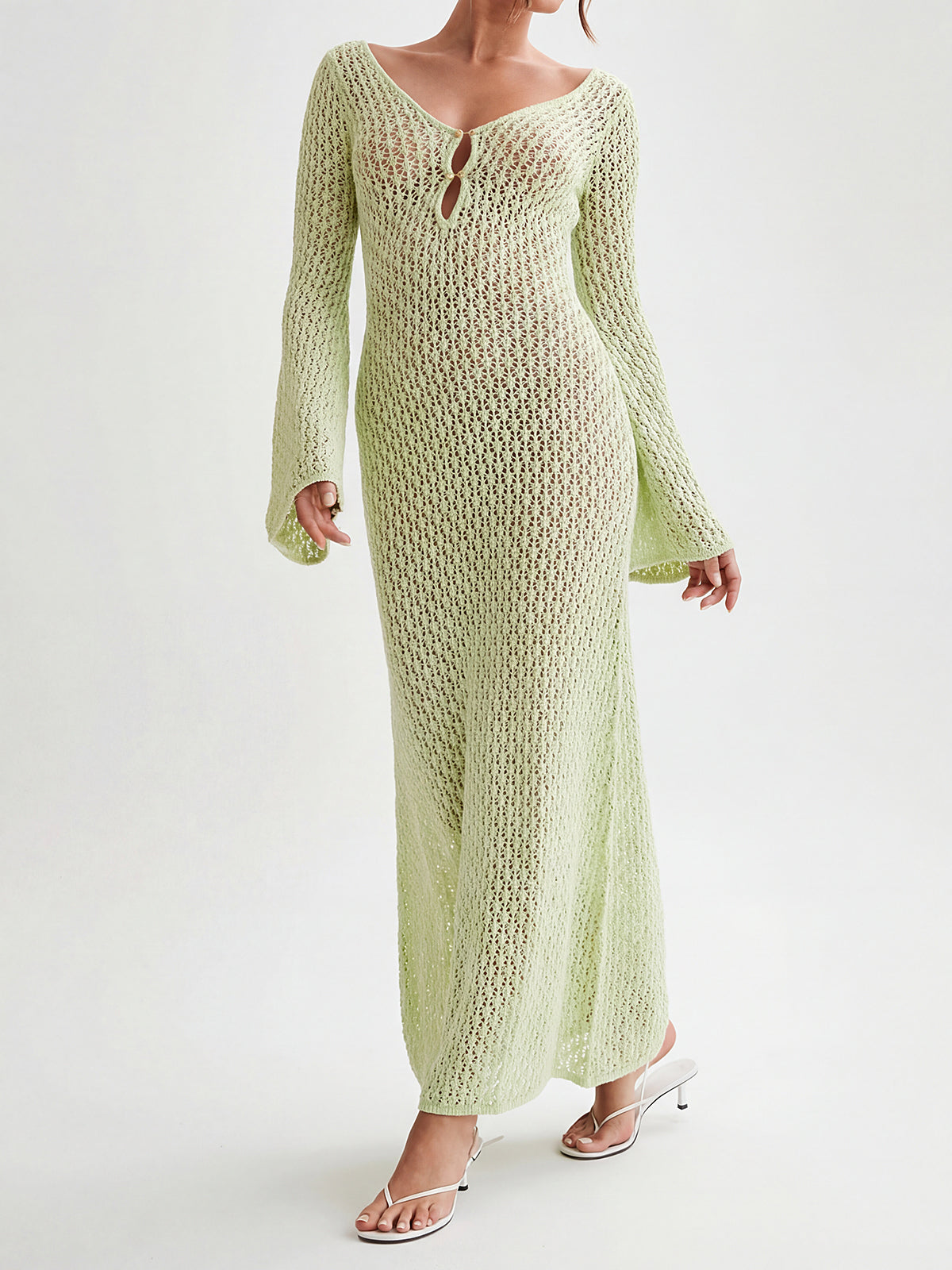 Boho Deep V Long Sleeve Beach Crochet Knit Cover Up Maxi Dress