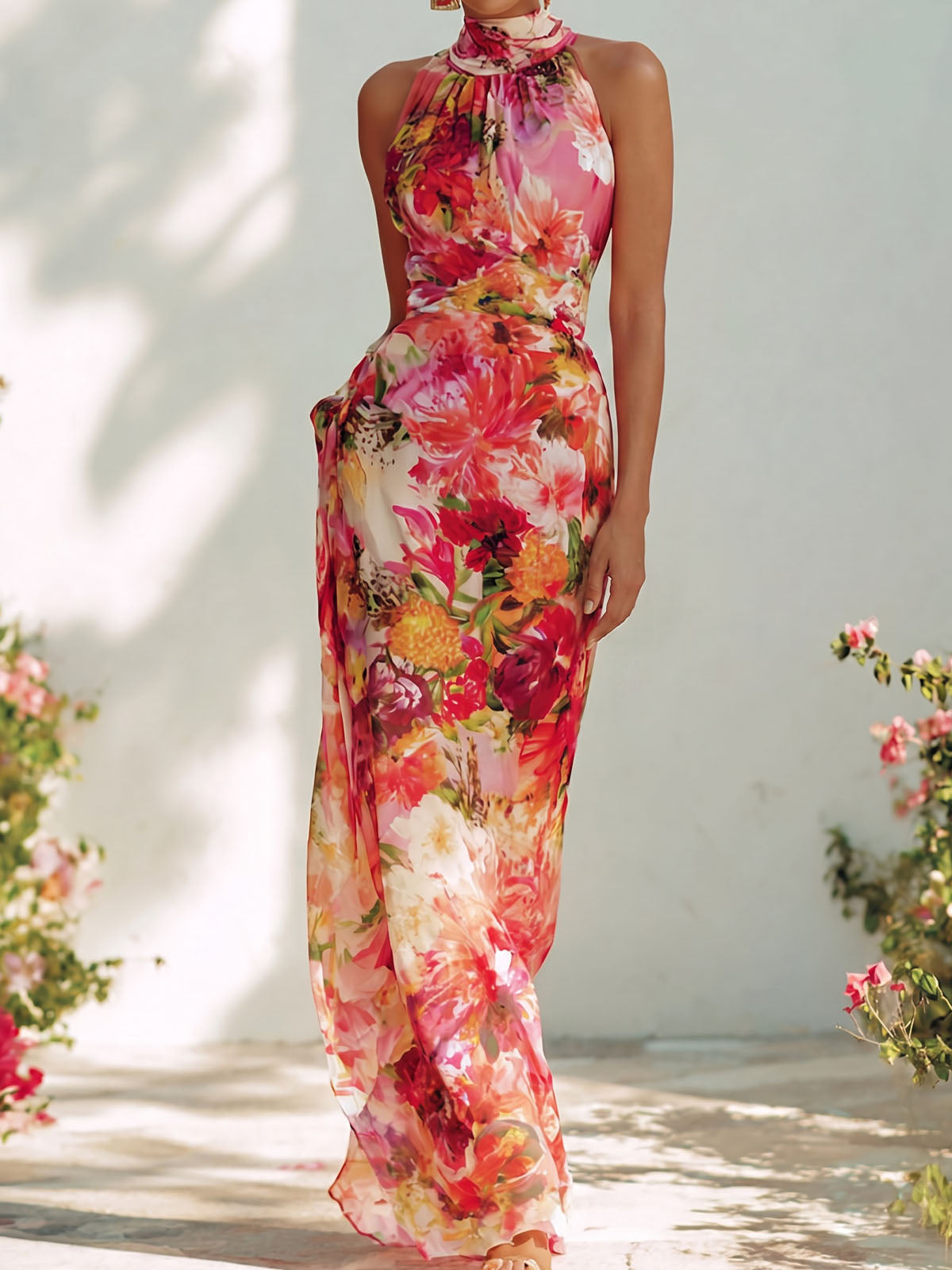 Boho Floral High Neck High Waist Sleeveless Resort Chiffon Maxi Dress