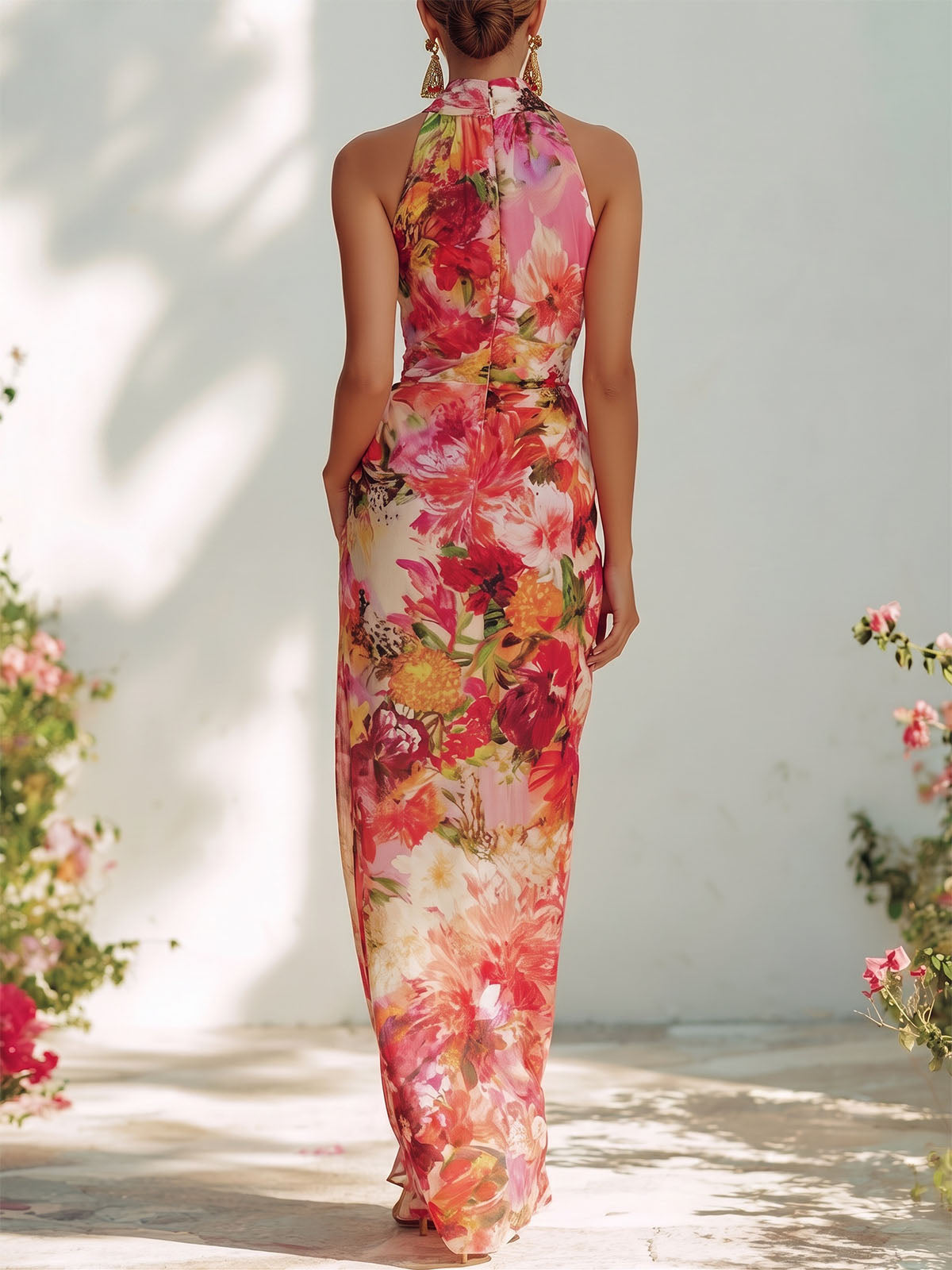 Boho Floral High Neck High Waist Sleeveless Resort Chiffon Maxi Dress
