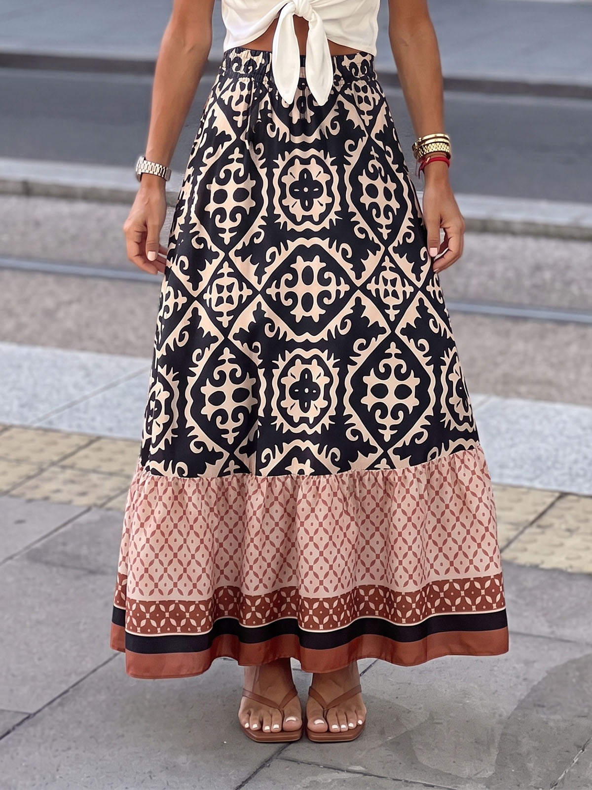 Boho Floral Patchwork High Waist Resort A Line Tiered Maxi Skirt