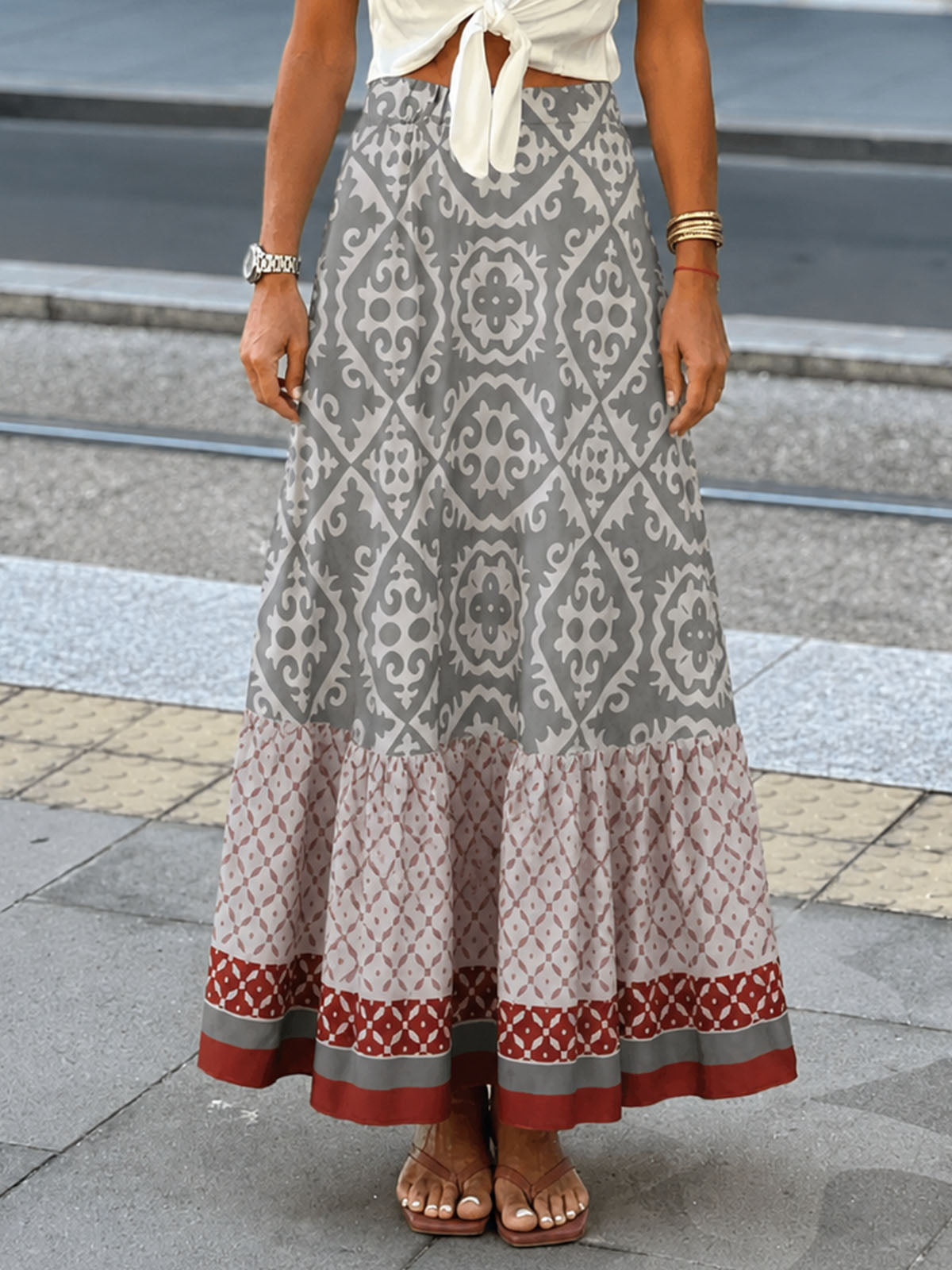 Boho Floral Patchwork High Waist Resort A Line Tiered Maxi Skirt