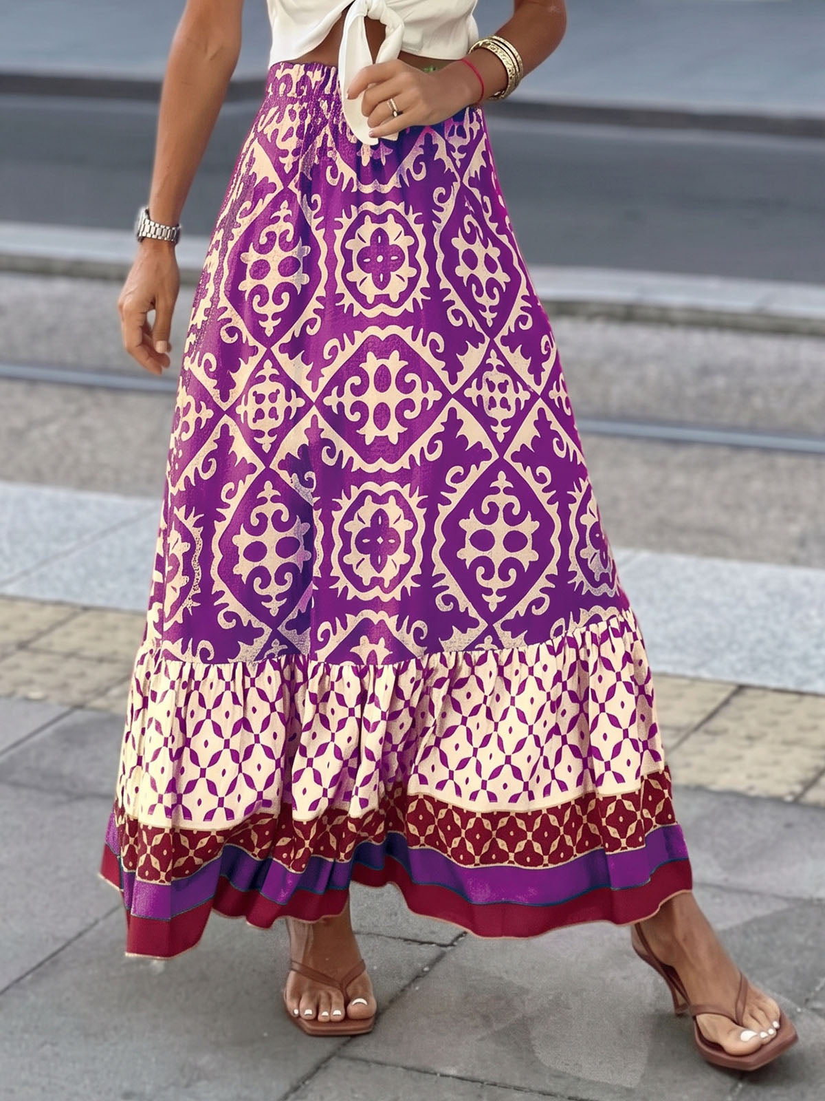 Boho Floral Patchwork High Waist Resort A Line Tiered Maxi Skirt