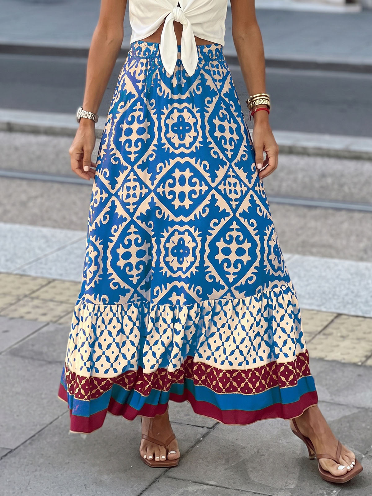 Boho Floral Patchwork High Waist Resort A Line Tiered Maxi Skirt