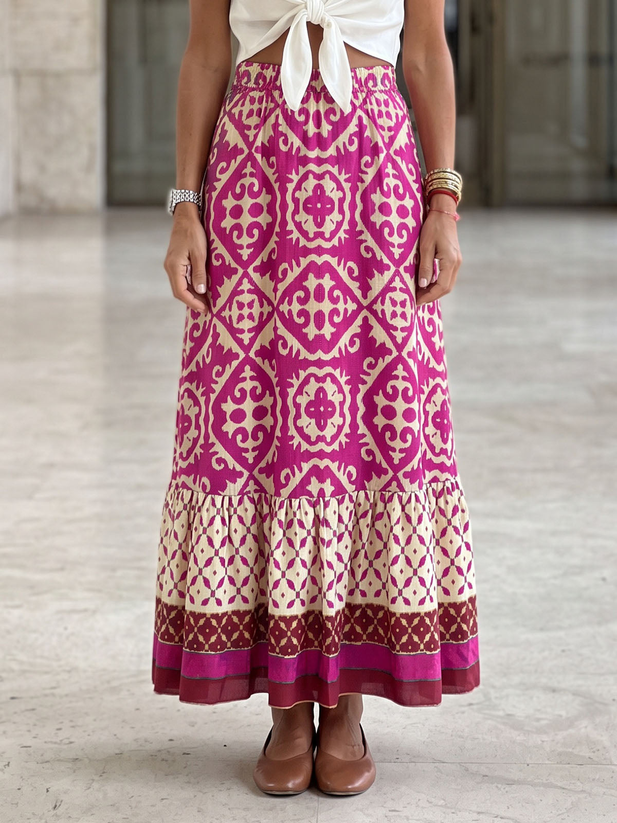 Boho Floral Patchwork High Waist Resort A Line Tiered Maxi Skirt