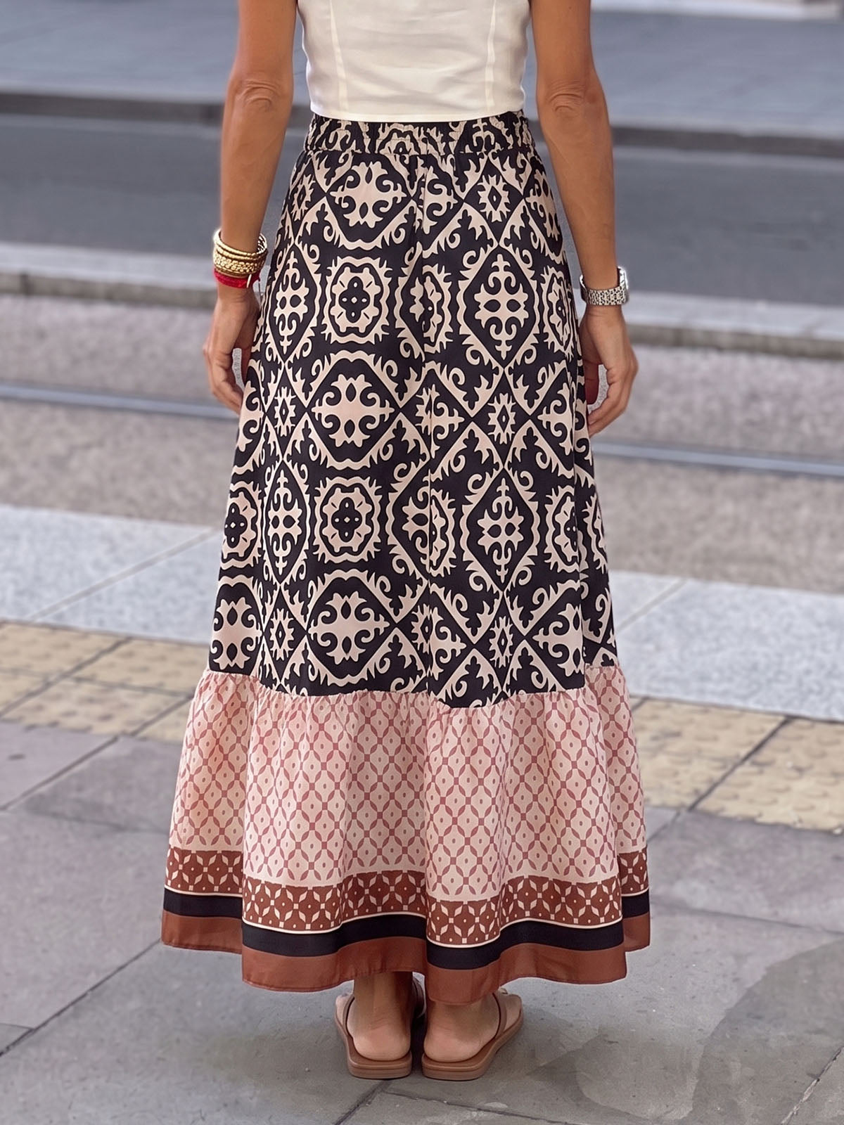 Boho Floral Patchwork High Waist Resort A Line Tiered Maxi Skirt