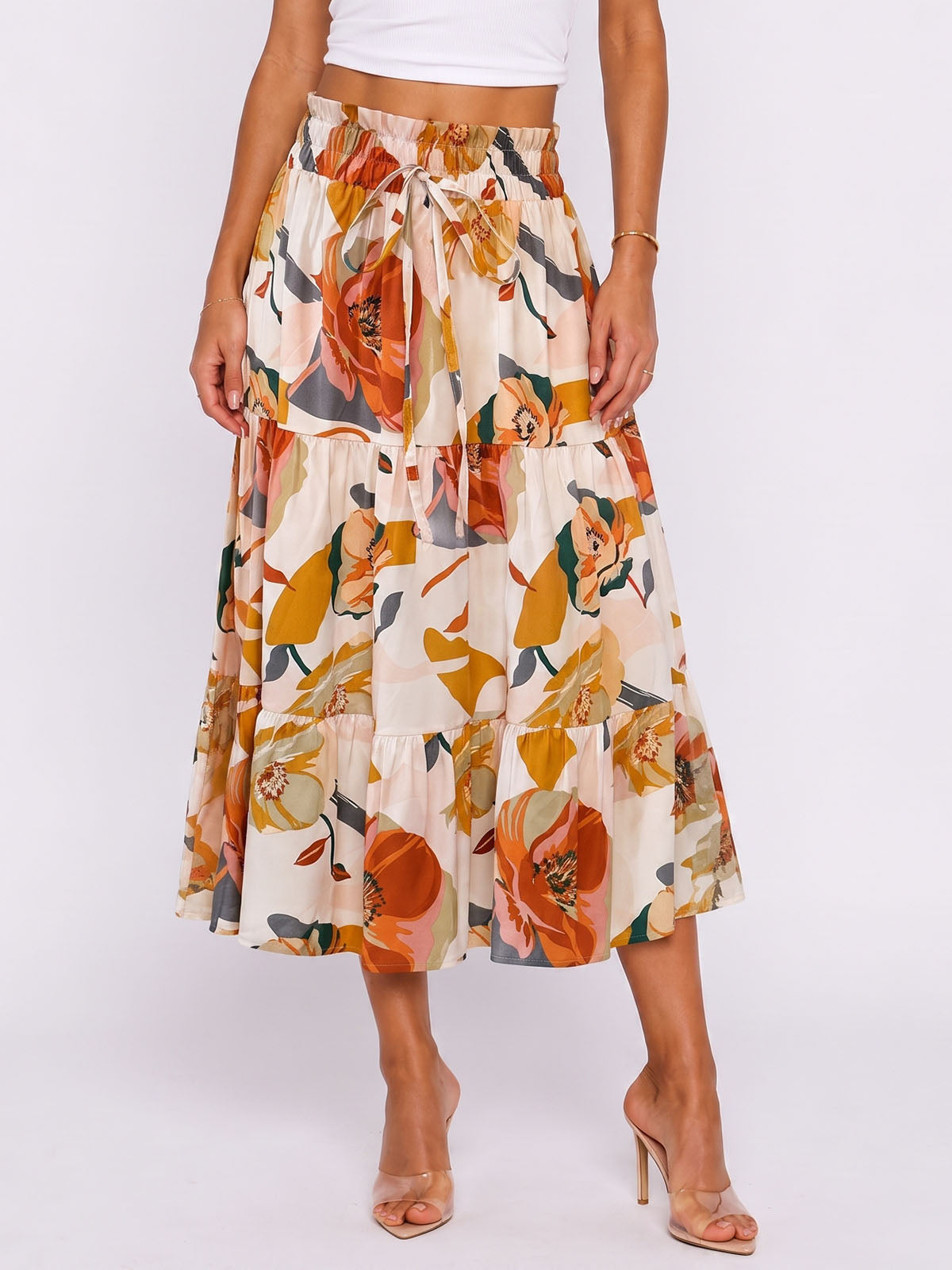 Boho Floral Print Ruffle High Waist Resort Tiered A Line Midi Skirt